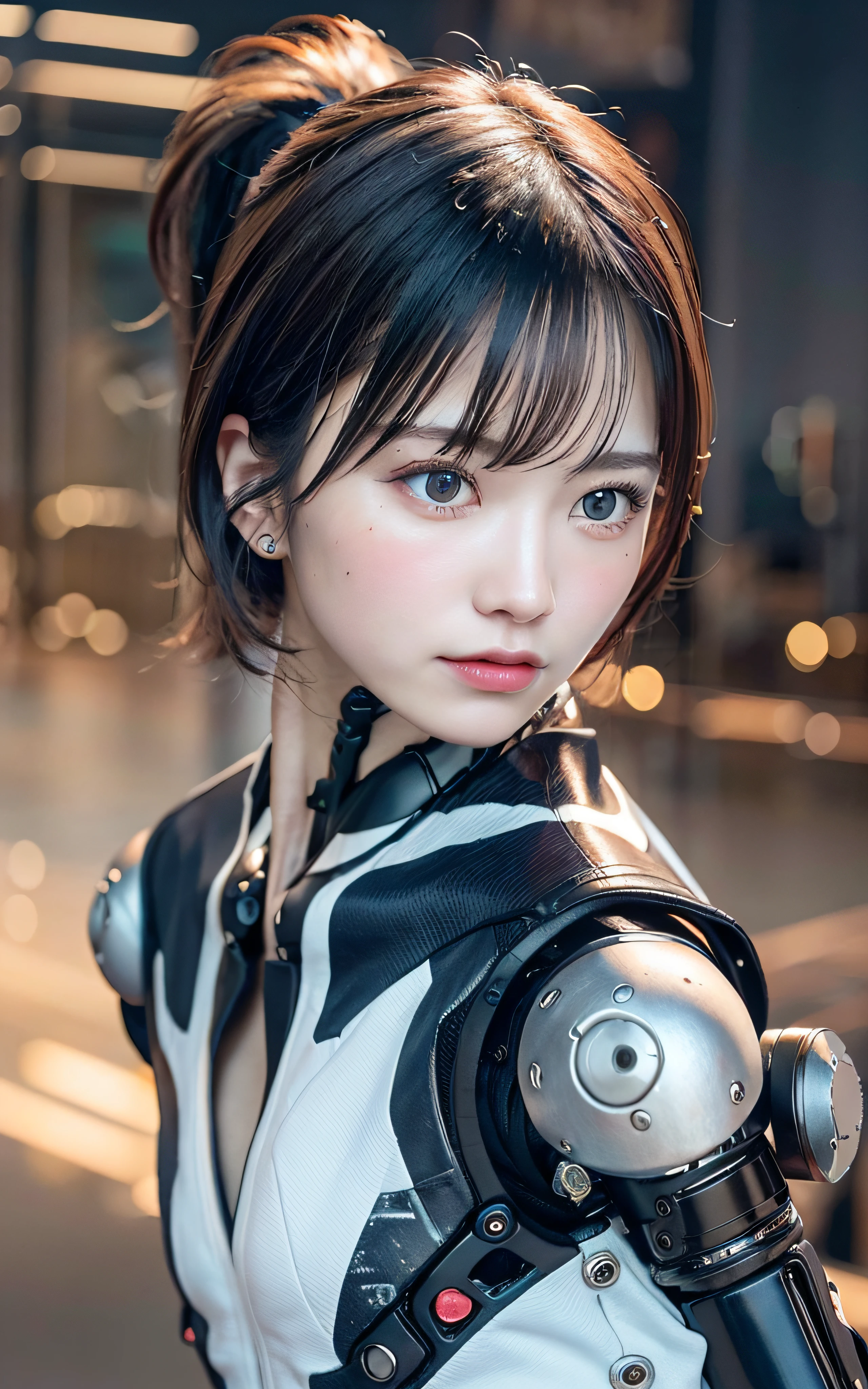 Complex 3D rendering of porcelain female cyborg with super detail, one girl (natural skin texture, realistic eye details: 1.2), robot parts, beautiful soft light, rim lights, vivid details, gorgeous cyberpunk, surrealistic, anatomical, facial muscles, cable electric wire, microchip, elegant, beautiful background, octane rendering, apple style, 8k, Top quality, masterpiece, illustration, very delicate and beautiful, CG, unity, wallpaper, (realistic, photorealistic: 1.2), wonderful, fine details, masterpiece, top quality, official art, highly detailed CG Unity 8k wallpaper, incredibly absurd, sexy robot, mechanical skeleton, android, surrealism, doomsday wilderness, (high-tech prosthetics: 1.2), Fluffy black short hair, perfect body, intricate dark blue blood vessels, fighting stance, fighting pose, running, dynamic pose
