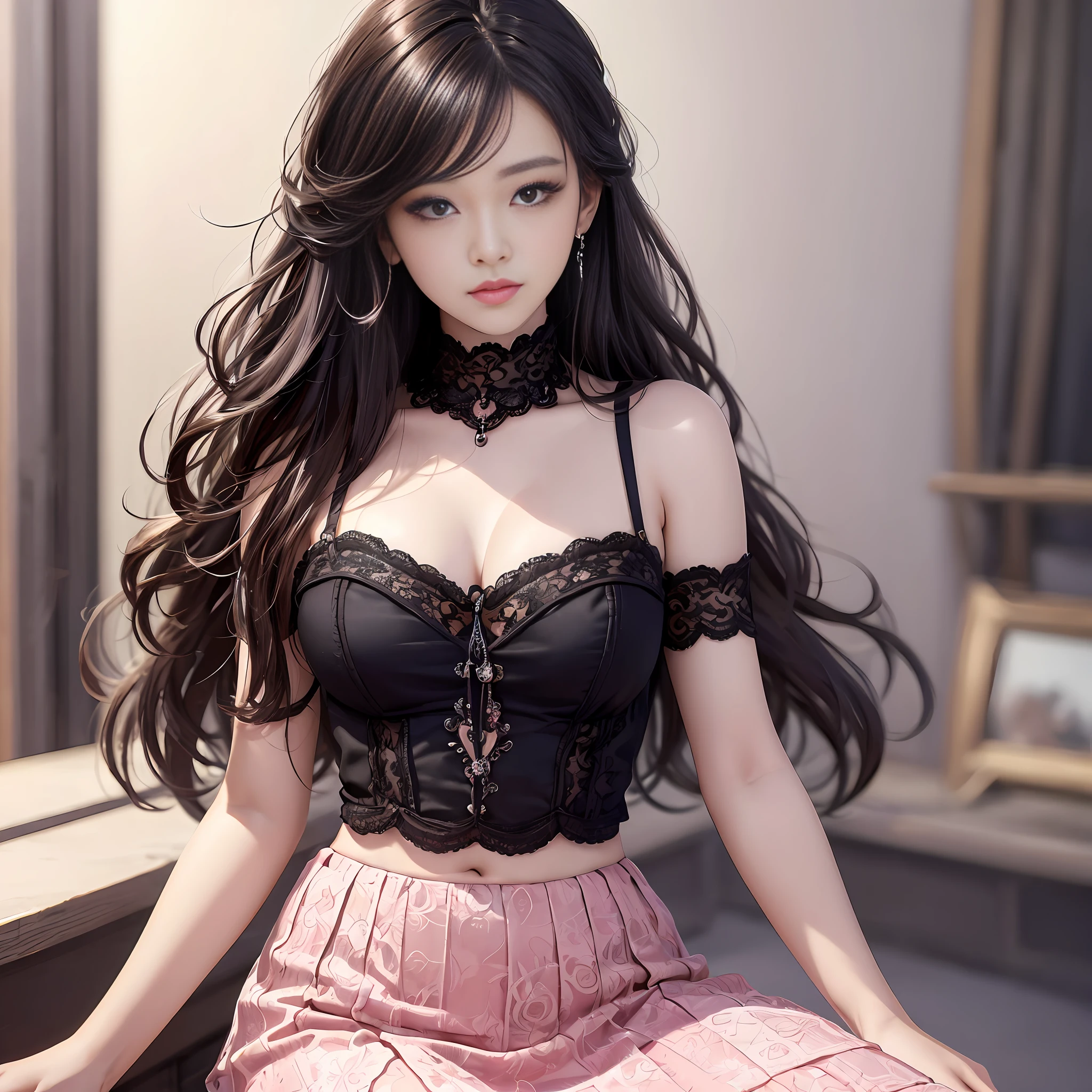 Masterpiece of the best quality, very detailed details, detailed eyes, art, cover, idol, sexy, realistic, a 20-year-old Asian girl, long and fluffy black hair, delicate fair face, rich expression eyes, pink lace skirt, full of femininity, in the bright spotlight, visual spectacle --auto