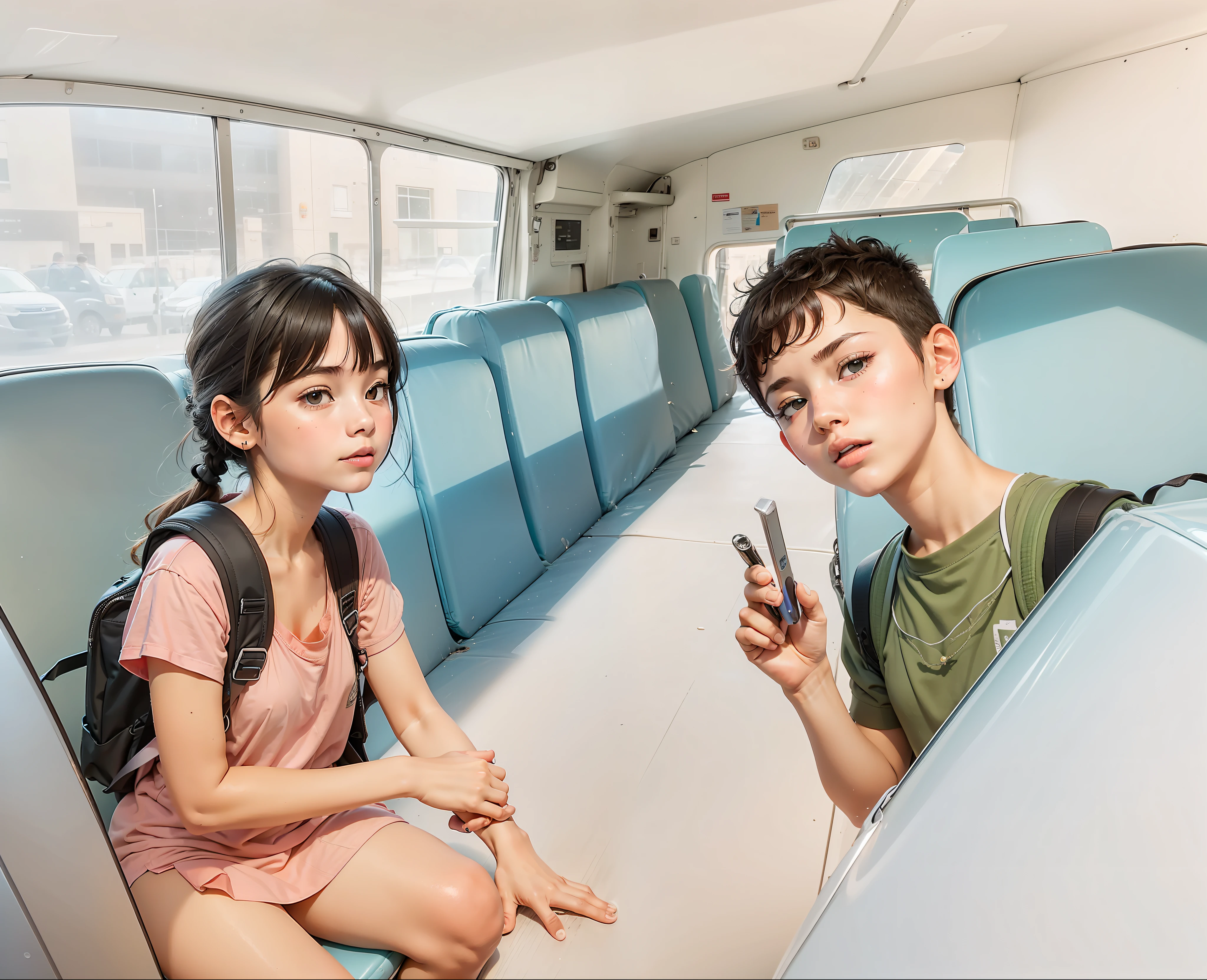 A girl and a boy are sitting on the school bus, a girl and a boy are with school back bag