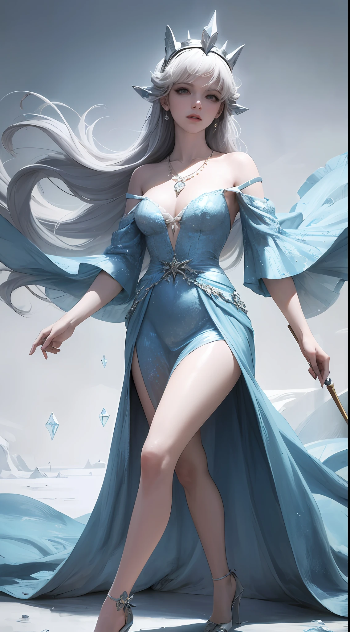 Snow Queen, Ice Blue Dress, Long Hair, Ice Headgear, Ice Crystal Necklace, Ice Wand, High Heels, Icy Eyes, Breath of the Ice Queen, Top Shot, Loose Hair, Master Works, Best Picture Quality, More Detail, Ultra High Resolution, Mood Lighting, Soft Light, Ambient Lighting, Pixiv Trend, Best Image Quality, More Detail, Ultra High Resolution, Ambient Lighting,