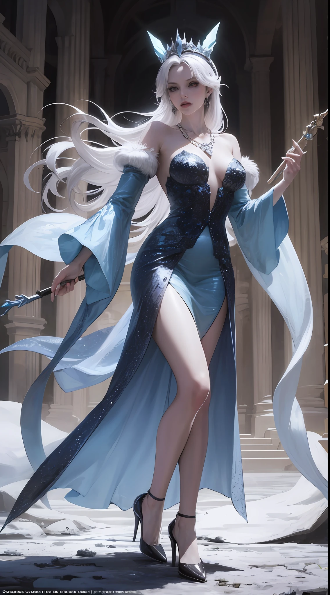 Snow Queen, Ice Blue Dress, Long Hair, Ice Headgear, Ice Crystal Necklace, Ice Wand, High Heels, Icy Eyes, Breath of the Ice Queen, Top Shot, Loose Hair, Master Works, Best Picture Quality, More Detail, Ultra High Resolution, Mood Lighting, Soft Light, Ambient Lighting, Pixiv Trend, Best Image Quality, More Detail, Ultra High Resolution, Ambient Lighting,