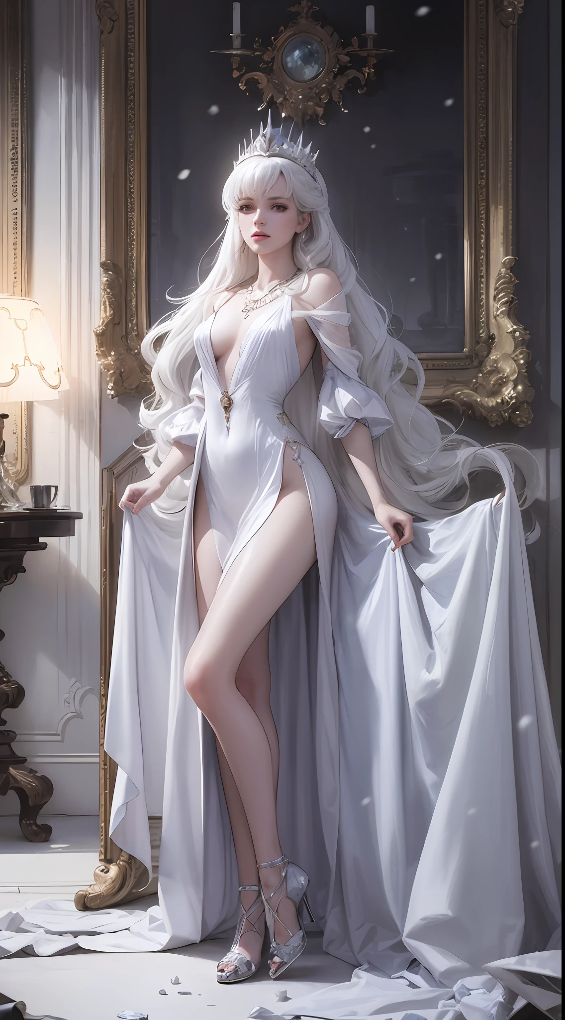 Snow Queen, Ice Blue Dress, Long Hair, Ice Headgear, Ice Crystal Necklace, Ice Wand, High Heels, Icy Eyes, Breath of the Ice Queen, Top Shot, Loose Hair, Master Works, Best Picture Quality, More Detail, Ultra High Resolution, Mood Lighting, Soft Light, Ambient Lighting, Pixiv Trend, Best Image Quality, More Detail, Ultra High Resolution, Ambient Lighting,