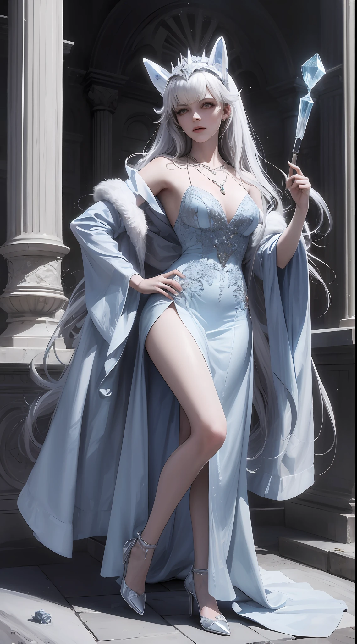Snow Queen, Ice Blue Dress, Long Hair, Ice Headgear, Ice Crystal Necklace, Ice Wand, High Heels, Icy Eyes, Breath of the Ice Queen, Top Shot, Loose Hair, Master Works, Best Picture Quality, More Detail, Ultra High Resolution, Mood Lighting, Soft Light, Ambient Lighting, Pixiv Trend, Best Image Quality, More Detail, Ultra High Resolution, Ambient Lighting,