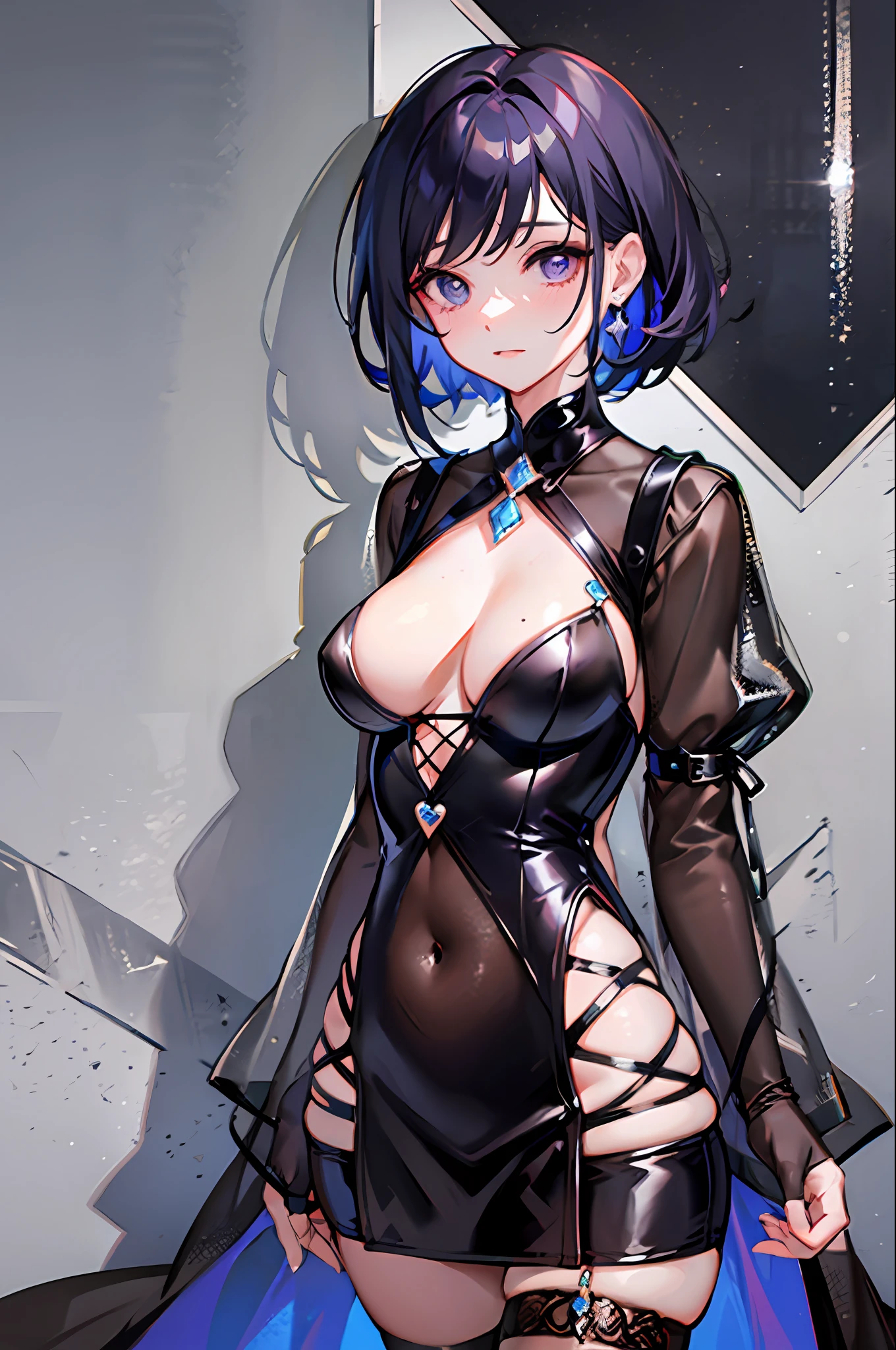 {{masterpiece}}, {{{best quality}}}, {{ultra-detailed}}, {{illustration}}, {{{1girl}}}, short hair,purple eyes,black hair,idol costume