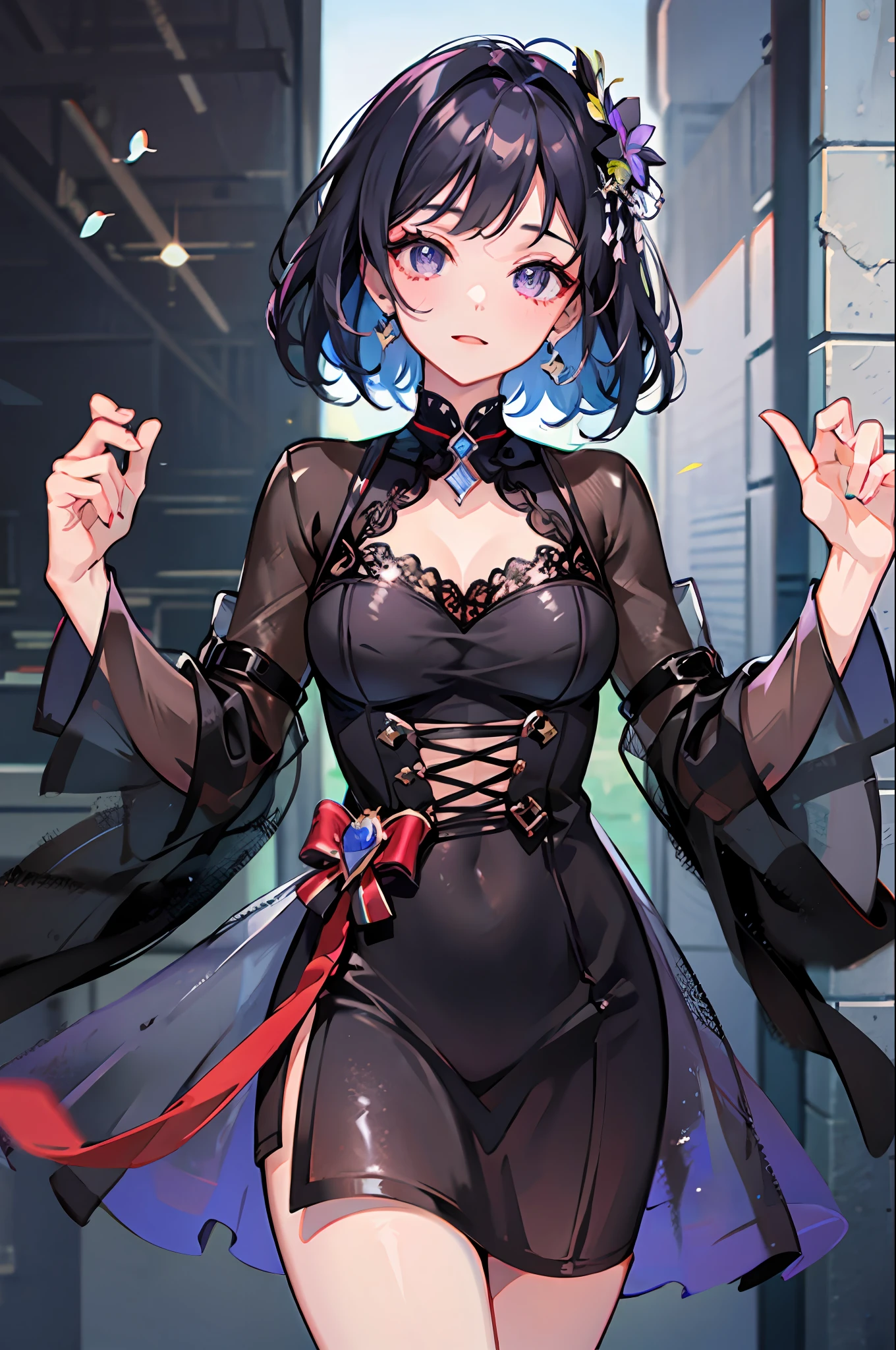 {{masterpiece}}, {{{best quality}}}, {{ultra-detailed}}, {{illustration}}, {{{1girl}}}, short hair,purple eyes,black hair,idol costume