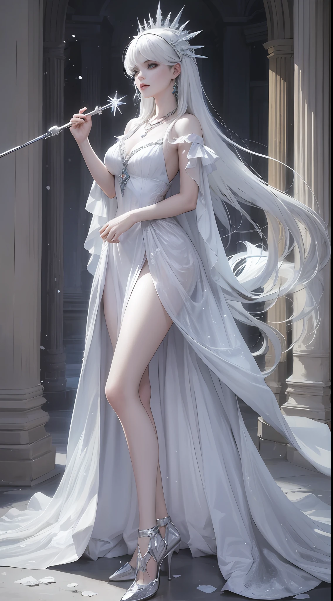 Snow Queen, Ice Blue Dress, Long Hair, Ice Headgear, Ice Crystal Necklace, Ice Wand, High Heels, Icy Eyes, Breath of the Ice Queen, Top Shot, Loose Hair, Master Works, Best Picture Quality, More Detail, Ultra High Resolution, Mood Lighting, Soft Light, Ambient Lighting, Pixiv Trend, Best Image Quality, More Detail, Ultra High Resolution, Ambient Lighting, --auto --s2