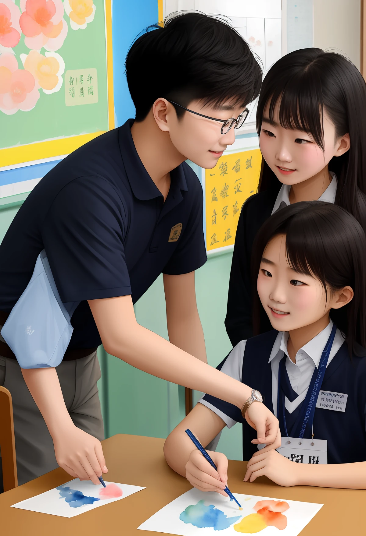 Black-haired, black-eyed Chinese junior high school student greets blond hair, blue-eyed foreign teacher greets watercolor painting light and shadow strong international school