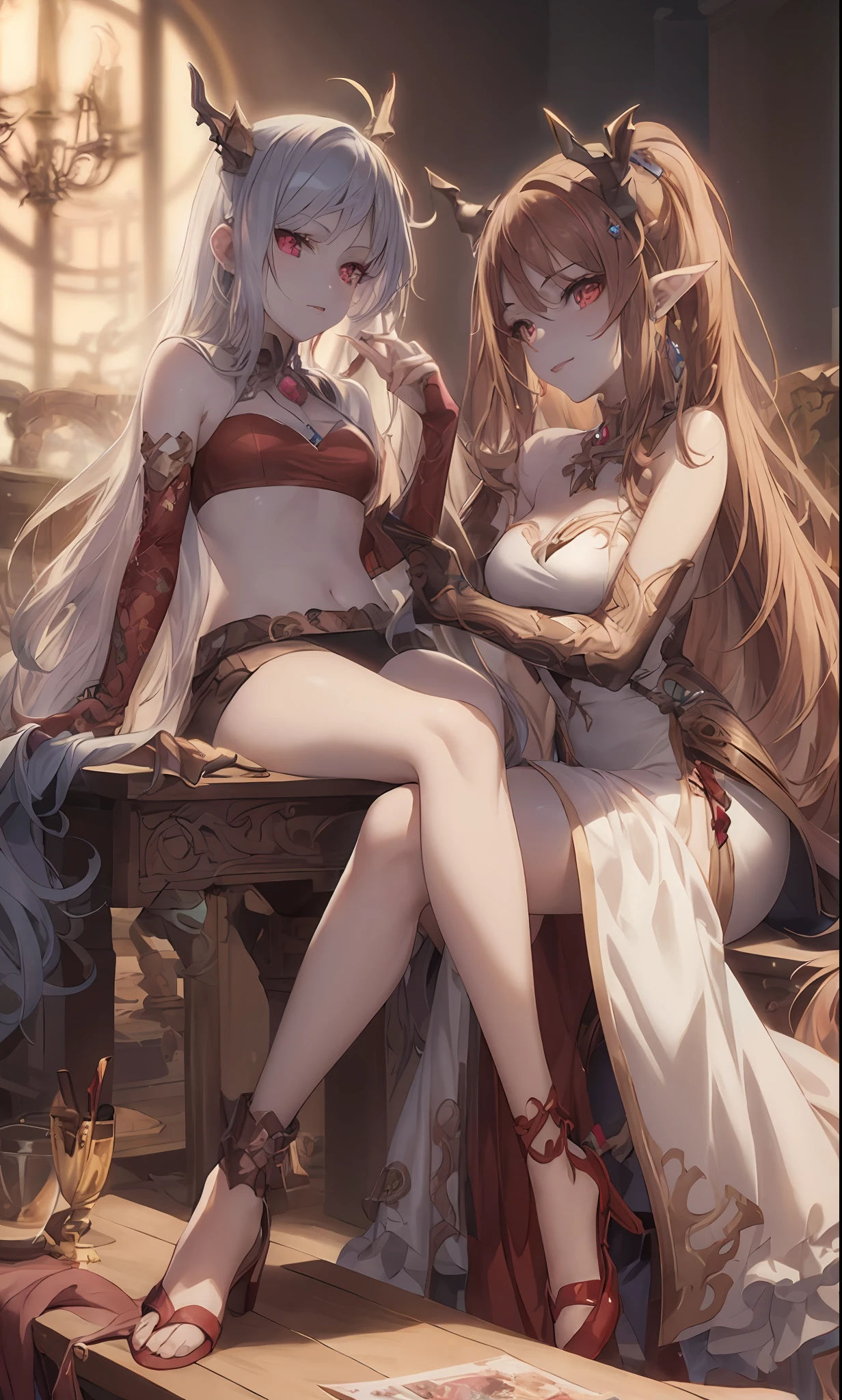 anime, two women with long hair and red eyes, one with a sword, wlop and sakimichan, 8k high quality detailed art, detailed digital anime art, two beautiful anime girls, 2. 5 d cgi anime fantasy artwork, kawacy, anime fantasy artwork, artgerm and wlop, wlop and artgerm, wlop and rossdraws