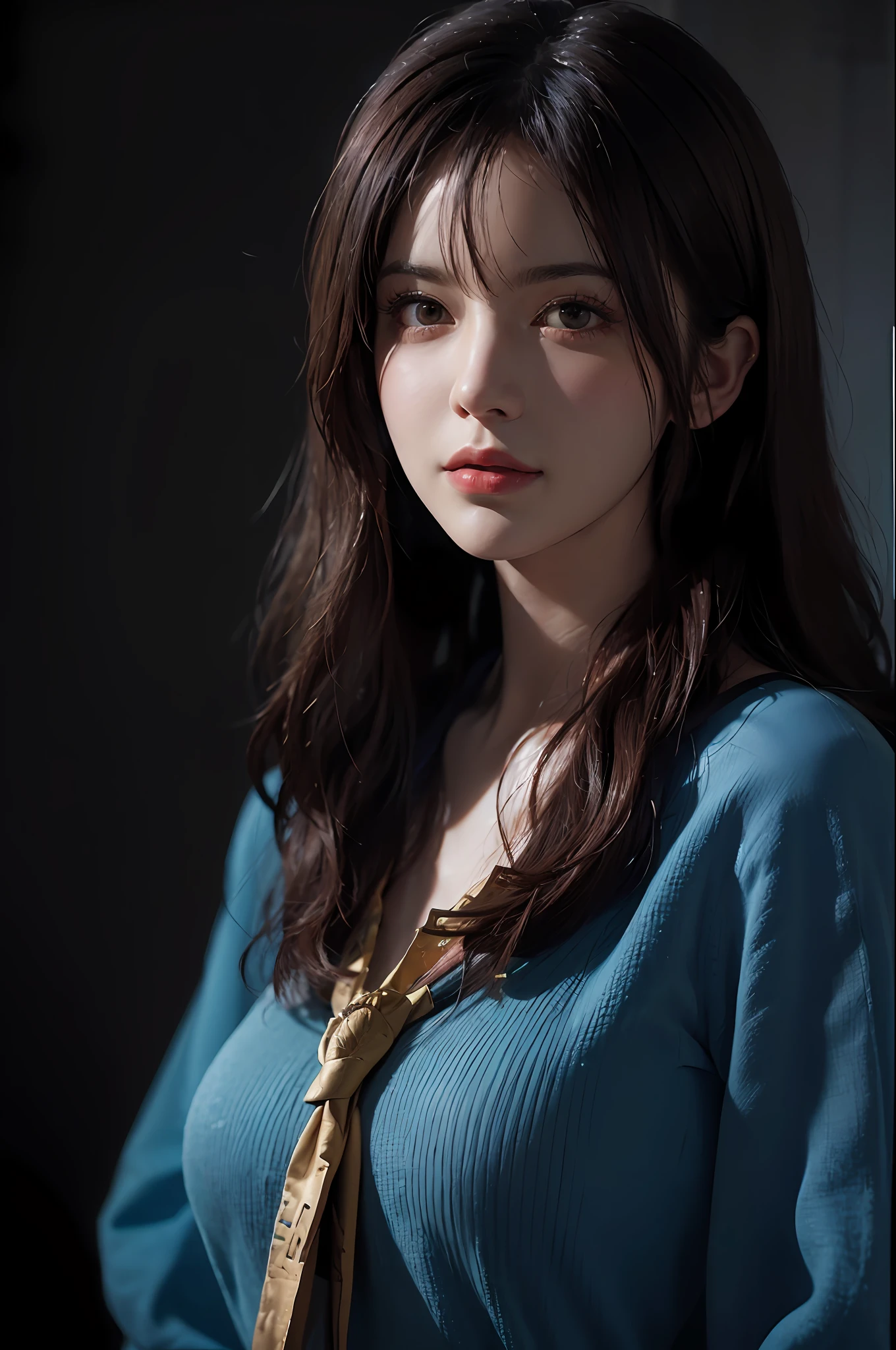(front focus), (in the dark:1.6), Hyperrealist portrait of female by david hockney and alphonse mucha, fantasy art, photo realistic, dynamic lighting, artstation, poster, volumetric lighting, very detailed faces, 4 k, award winning, 1girl, in the dark, deep shadow, low key, cowboy shot, (official clothing:1.4), long hair, white hair