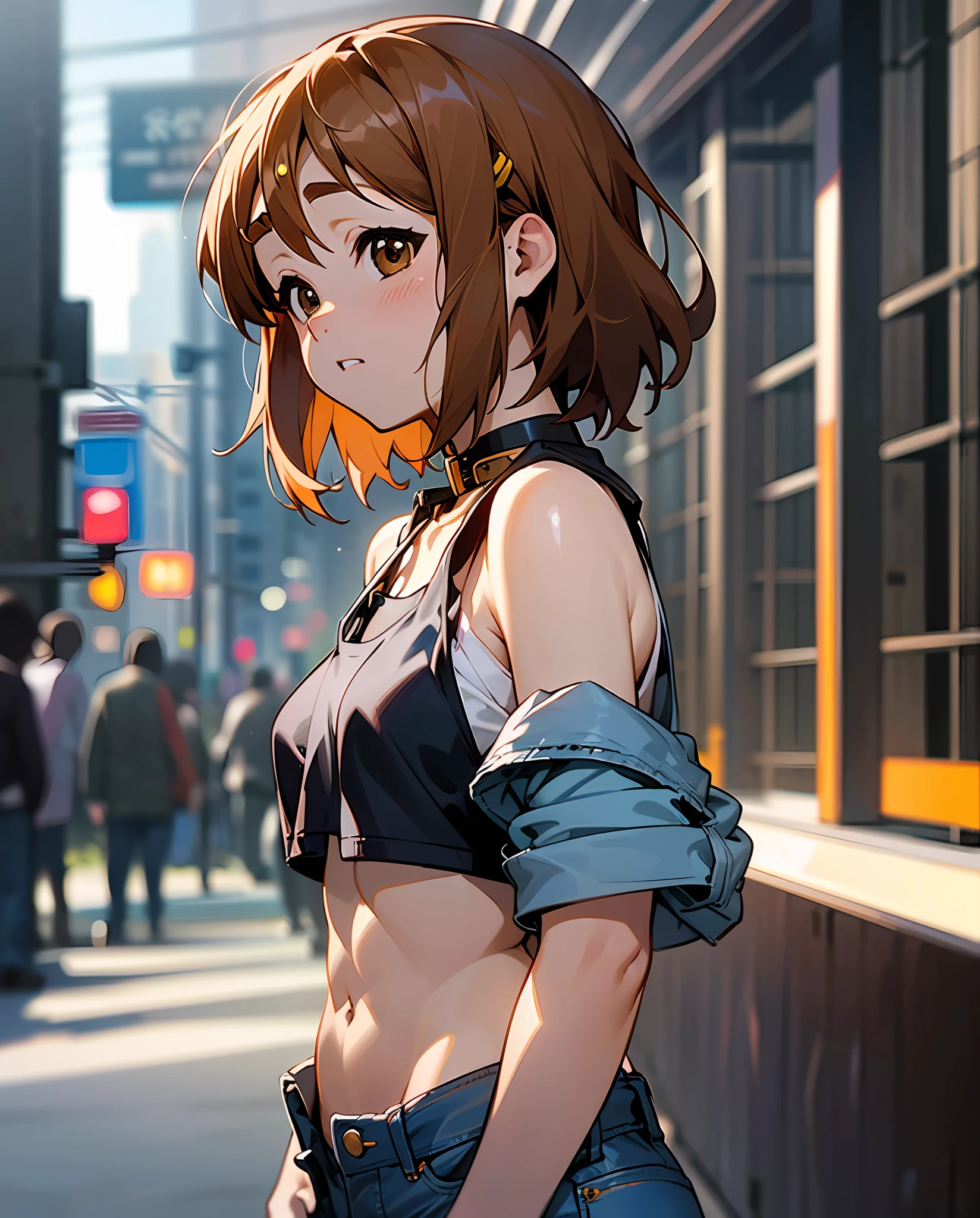 ((medium breast, Yui Hirasawa (k-on), small head)), daylight, sunlight, (chiseled abs : 1.1), (perfect body : 1.1), (short wavy hair : 1.2) , auburn hair, collar, chain, full body shot, crowded street, wearing black tanktop, jeans jacket, ((shorts)), (extremely detailed CG 8k wallpaper), (an extremely delicate and beautiful), (masterpiece), (best quality:1.0), (ultra highres:1.0), beautiful lighting ,perfect lightning, realistic shadows, [highres], detailed skin, ultra-detailed, DosMix --auto --s2