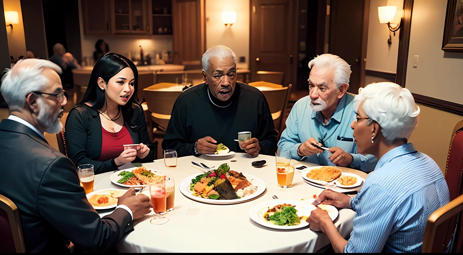 Diverse group people enjoying a meal together at the table, with seniors, black and white people, plenty of food, Latinos