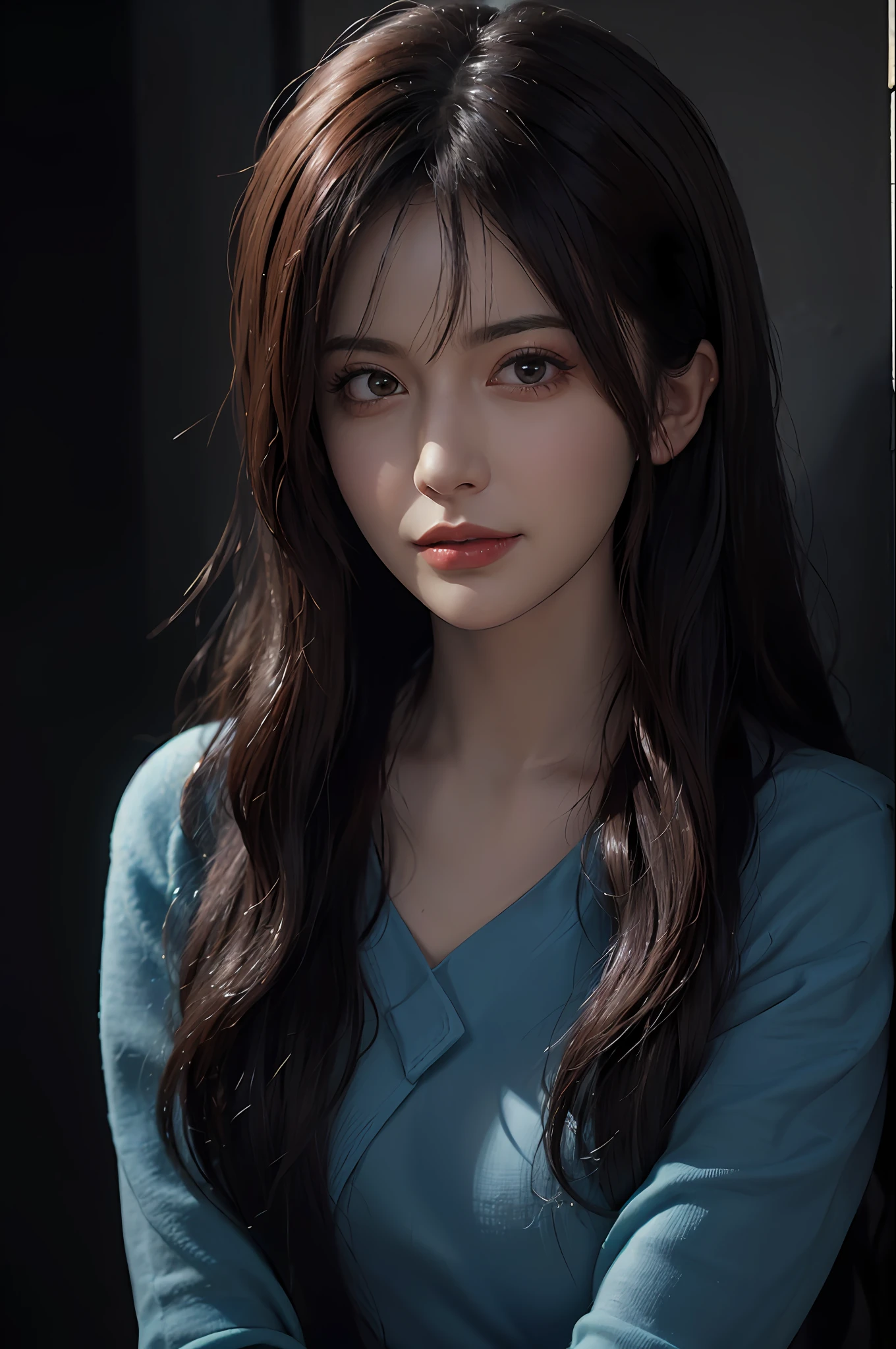 (front focus), (in the dark:1.6), Hyperrealist portrait of female by david hockney and alphonse mucha, fantasy art, photo realistic, dynamic lighting, artstation, poster, volumetric lighting, very detailed faces, 4 k, award winning, 1girl, in the dark, deep shadow, low key, cowboy shot, (official clothing:1.4), long hair, white hair