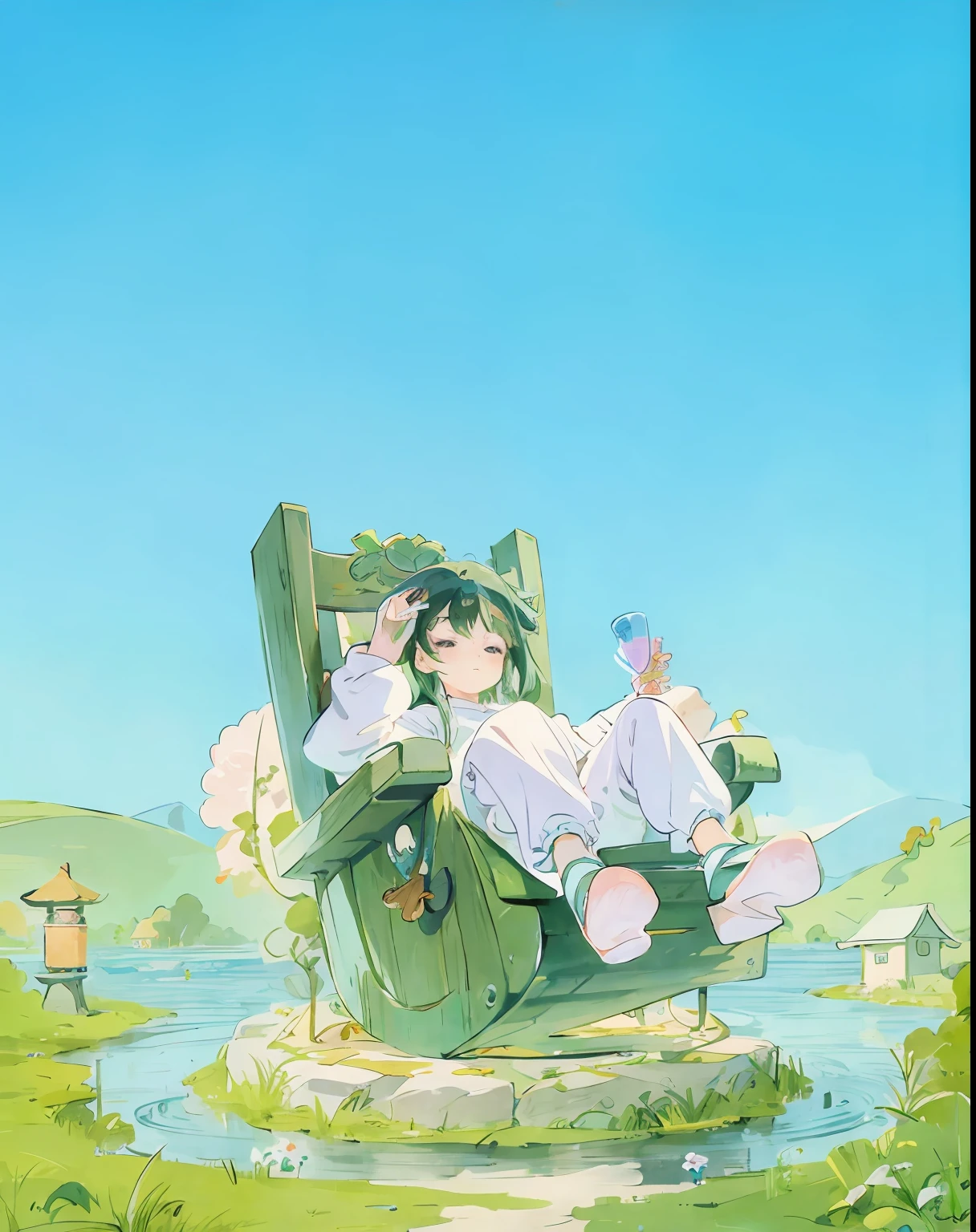 there is a woman sitting in a chair on a lake, lying a throne in a fantasy land, guweiz, relaxing concept art, artwork in the style of guweiz, made with anime painter studio, loli, official artwork, lady palutena, best anime 4k konachan wallpaper, anime wallaper, dreamy psychedelic anime, hq artwork