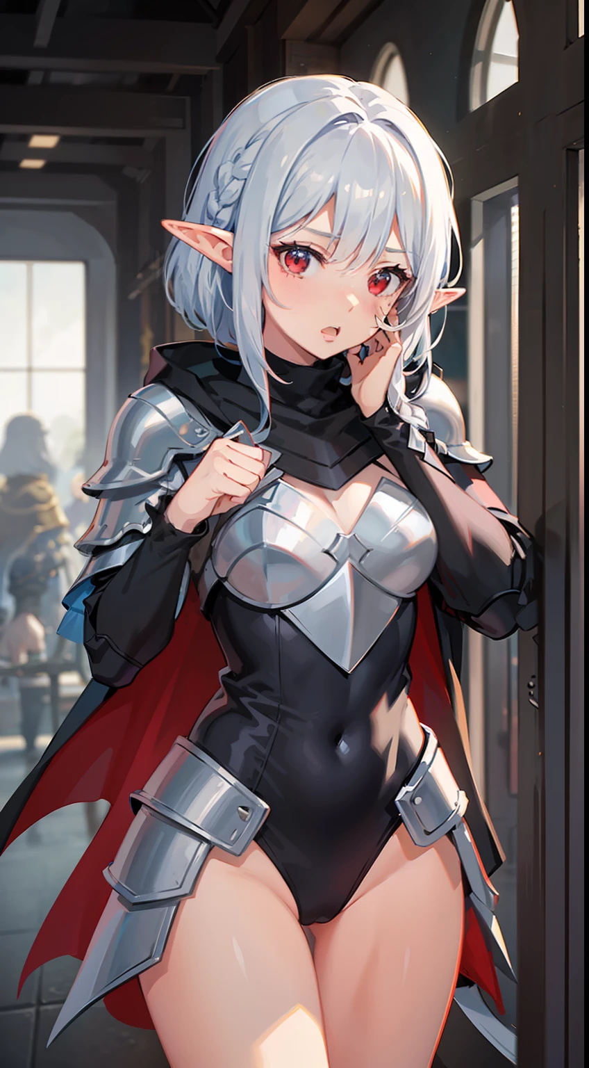 ((Put your hands on your face)), ((surprised)), (Red face), 1 girl's full body, Elf, Silver hair, Red eyes, Bob cut, Braided hair, Leather armor, Light armor, Cloak, Leotard, TS, Mirror, Concept art, Beautiful anime scene, Beautiful anime scenery, Best quality, Masterpiece