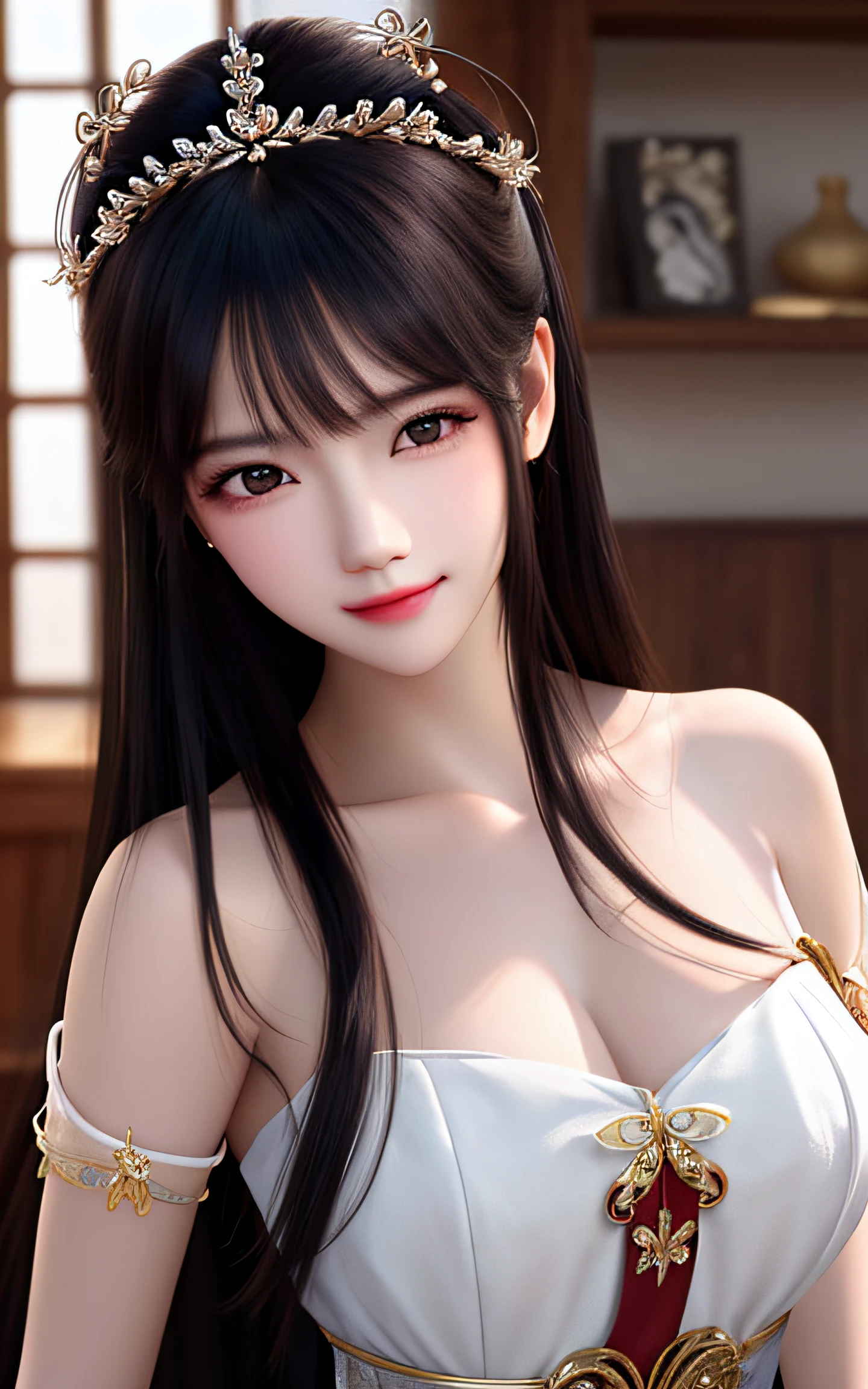 ((extremely detailed CG)), ((8k_wallpaper)), (masterpiece),best quality, high resolution illustration, hyperdetailed, highres,((Overexposure)), bare shoulders,(Upper body),head tilt, seiza, seductive smile, 1girl,long hair,beautiful_face,Highly detailed and beautiful eyes,(an extremely delicate and beautiful),(Beautiful and detailed facial depiction) trong trang phục cưới màu đỏ thời xưa của trung quốc