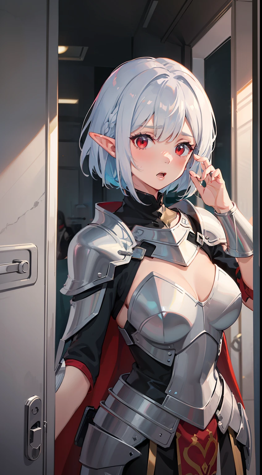 ((Put your hands on your face)), ((surprised)), (Red face), 1 girl's full body, Elf, Silver hair, Red eyes, Bob cut, Braided hair, Leather armor, Light armor, Cloak, Leotard, TS, Mirror, Concept art, Beautiful anime scene, Beautiful anime scenery, Best quality, Masterpiece