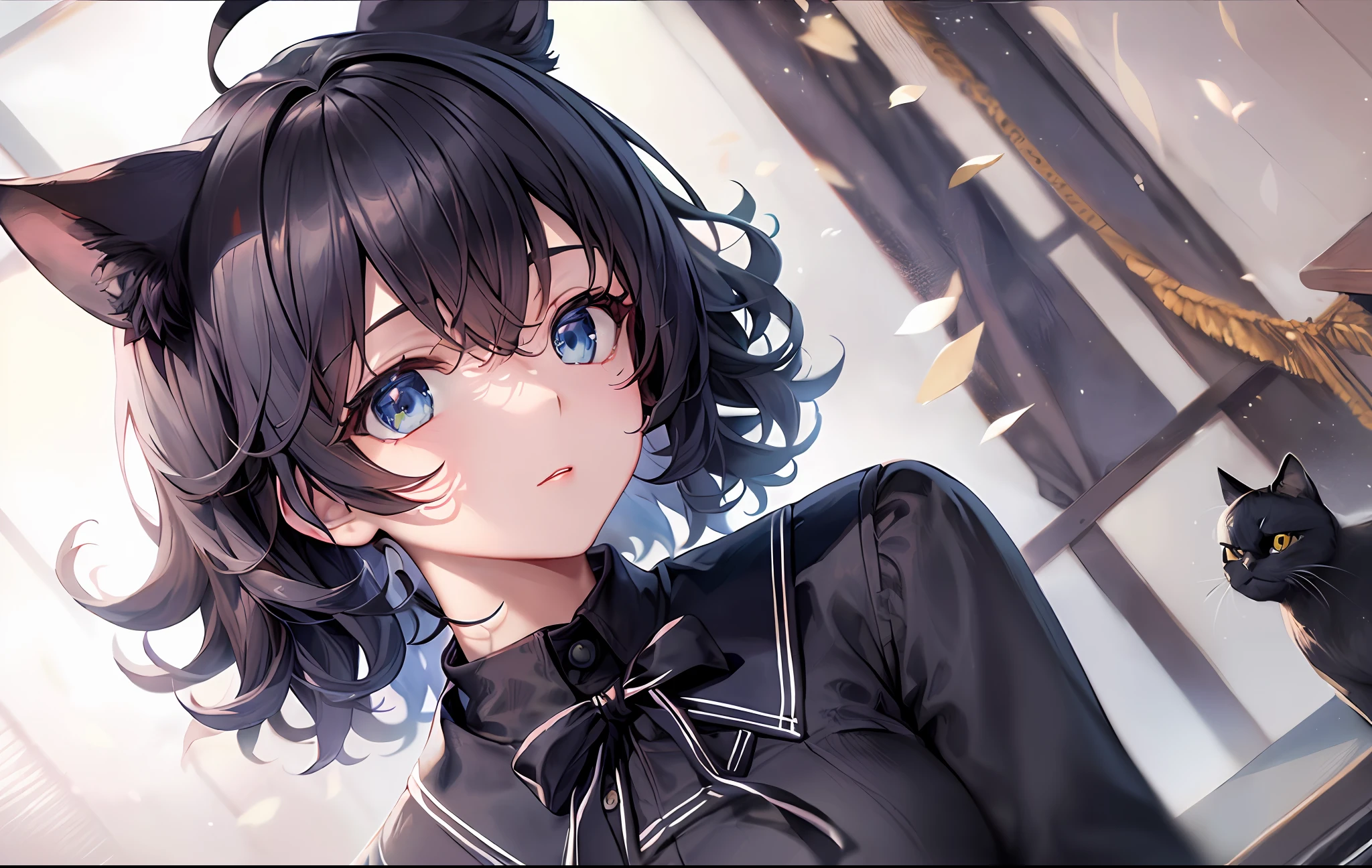 ((highest quality))), ((masterpiece)), ((super detail)), (illustration), (fine light), (extremely delicate and beautiful), (solo)))), (beautiful girl)))((best quality, high_resolution, distinct_image))),(black hair), (black cat ears), (ahoge), (absurdly short hair), (wavy hair), (blue eyes),classroom, uniform
