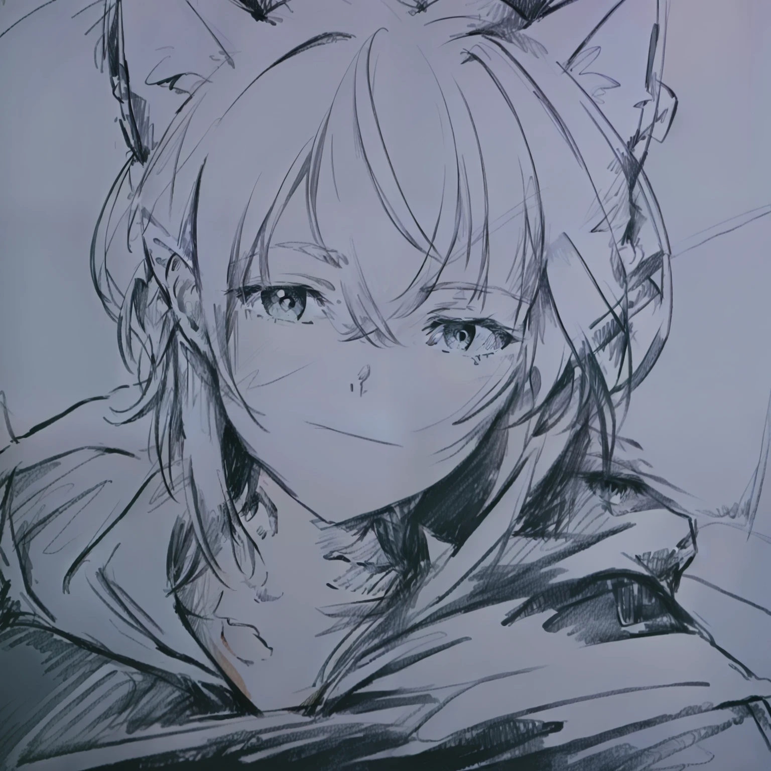 a drawing of a woman with a cat ears and a hoodie, rough sketch, sketchy artstyle, wearing a hood with pointy ears, old sketch, heavy outlines, thick outlines, detailed but rough, matte sketch, thick outline, clean anime outlines, torchlight. sketch, unknown artstyle, simple lineart, anthro portrait, thick lineart, ahri