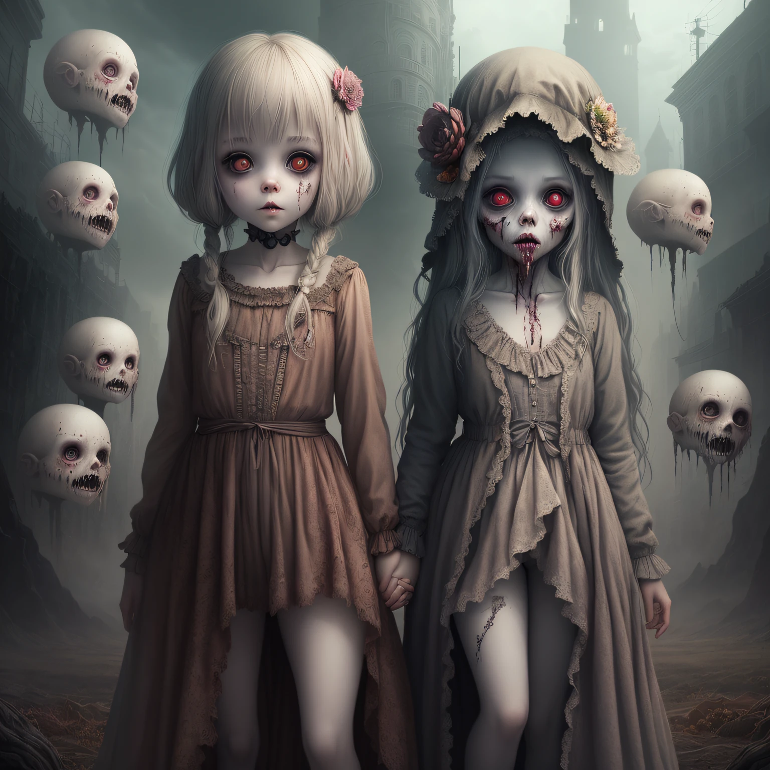 Chinese girls, ghosts, horror, death, skeletons, red skirts, black and white dark, bleeding --auto