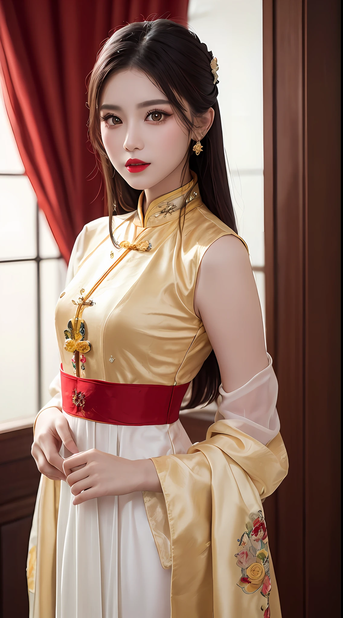 1 very pretty girl, solo, 27 years old, girl wearing bridal ao dai, long dress and hair jewelry, young girl wearing white ao dai, red and yellow silk pants, red and white hugging ao dai, thin ao dai fabric, wearing with ao dai, luxurious and mysterious dark color version, hair jewelry with many sophisticated patterns, head jewelry, red lips, thin and beautiful lips, captivating smile, beautiful details, detailed background detailed, super detailed, magic lighting, nice lighting effects, clear face, shoulder length hair, beautiful and well proportioned face, (transparent yellow eyes : 1.8), big round eyes and very beautiful and meticulous, wearing a silk dress, mysterious makeup, jewelry on ao dai, bangs flat and dyed in light yellow, medium-sized, even breasts, big buttocks, flat stomach, body curves perfect girl, girl's portrait, upper half, hanging, Real and alive, (stars: 1.7), (sky of the zodiac: 1.8), fiction , RAW photos, Vietnam Ao Dai photos, beautiful photos best, 8k, best quality 8k photo, surreal, most realistic,