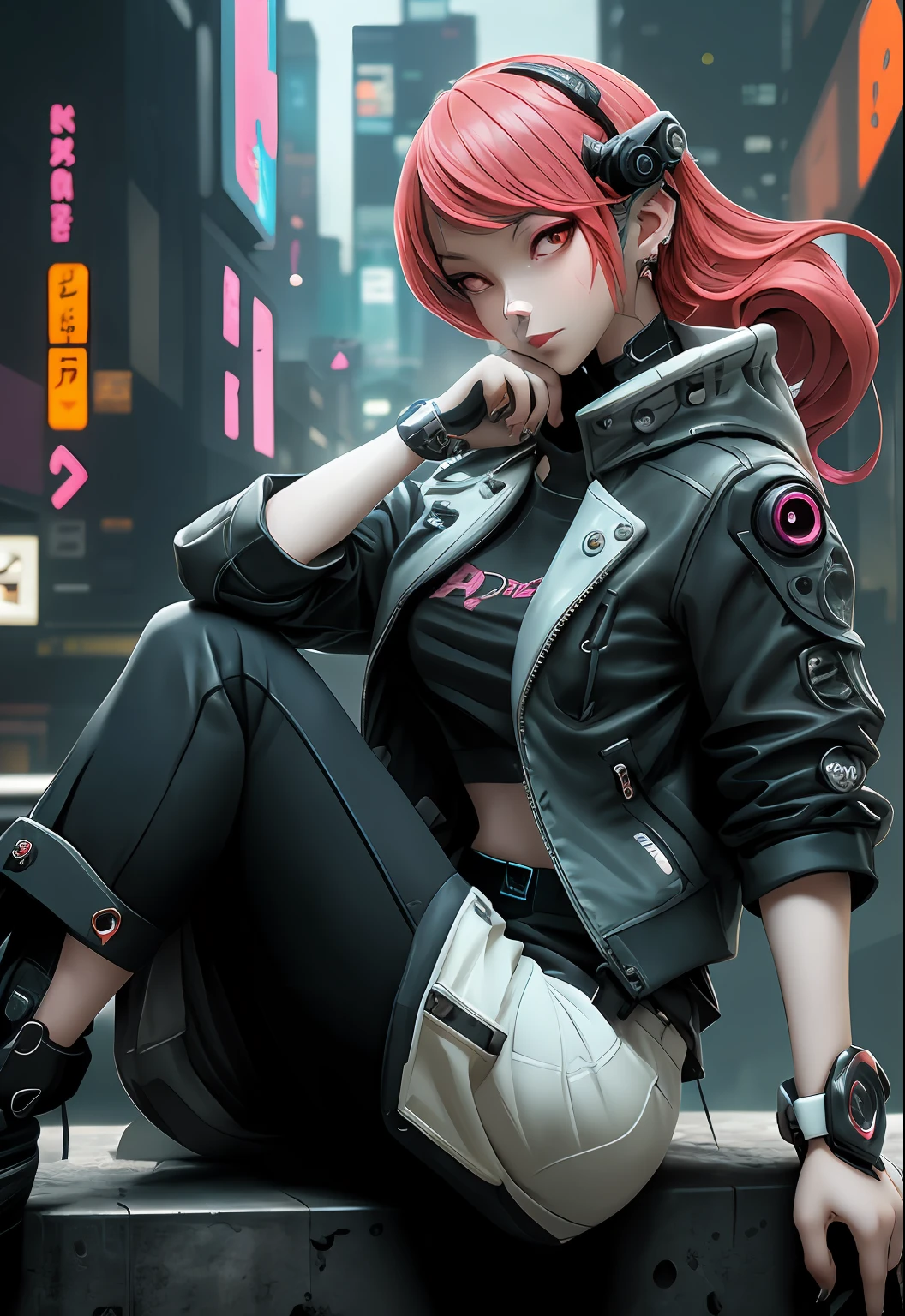 a woman with red hair sitting on top of a wall, anime cyberpunk art, cyberpunk anime art, female cyberpunk anime girl, cyberpunk anime girl, dreamy cyberpunk girl, cyberpunk girl, anime cyberpunk, cyberpunk beautiful girl, digital cyberpunk anime art, a teen cyberpunk cyborg, neonpunk, young lady cyborg, high quality cyberpunk art, modern cyberpunk animeန