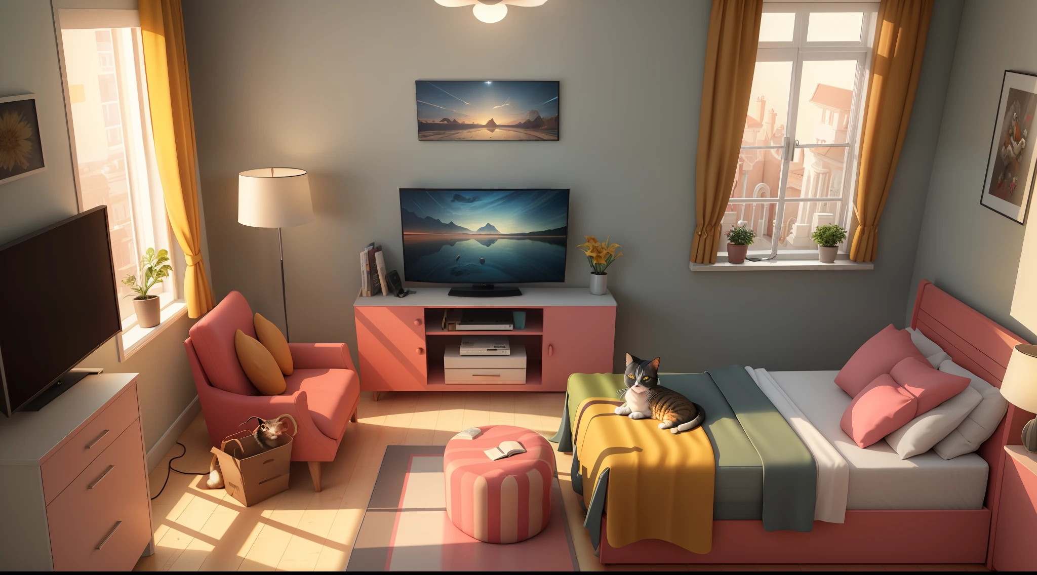 room, bed, sofa, desk lamp, TV, mural, 3D, Disney, panoramic photo, white background, plain background, global illumination, ray tracing, modeling, HDR, octane rendering, unreal rendering, behans, dribbling, art station, highest quality, 8k, cats and women,