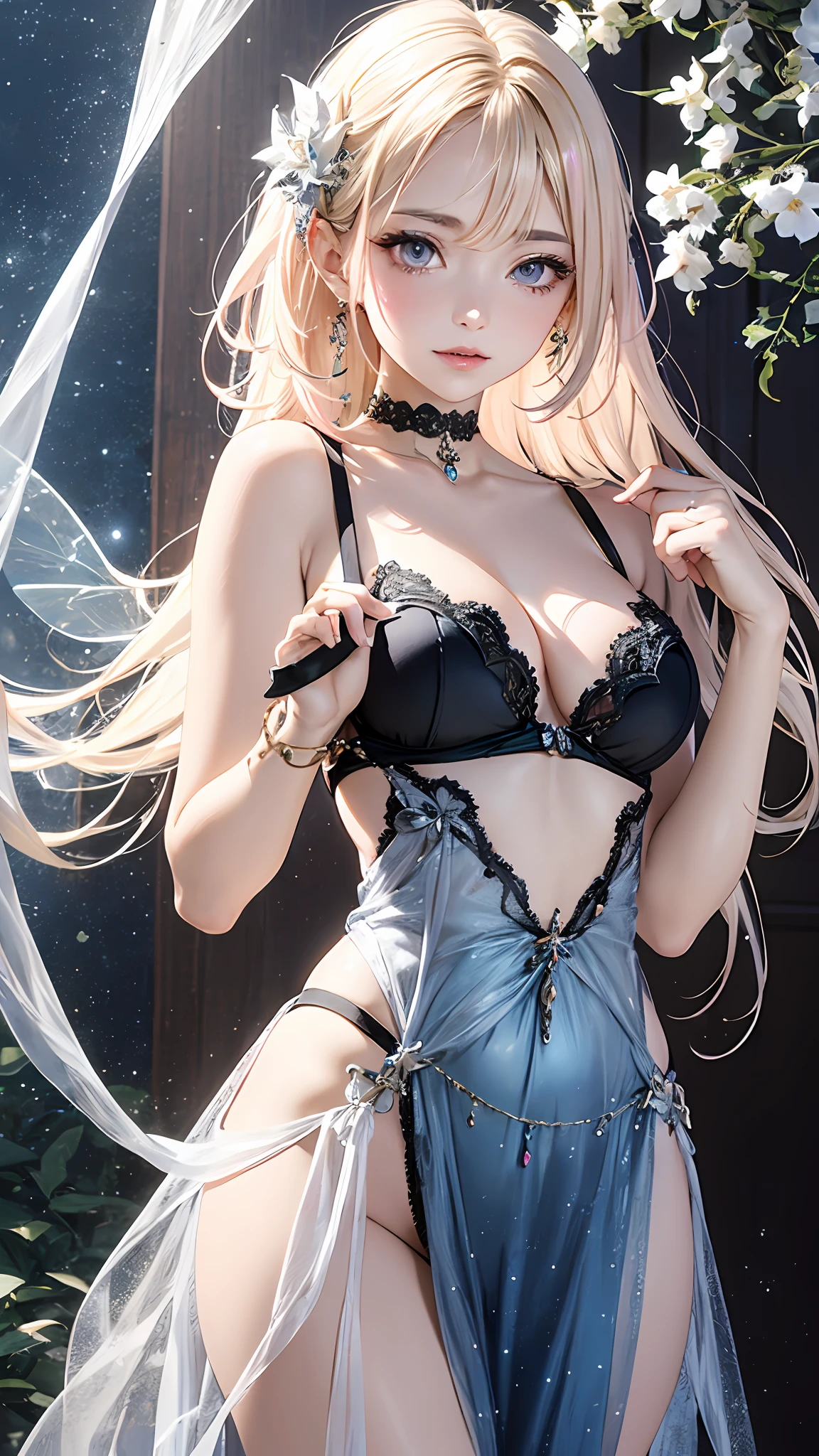 In a realm of enchantment, within a magical forest, a mystical fairy girl emerges, a radiant being adorned in gossamer threads of moonlight. Her dress, woven from petals and stardust, shimmers with an iridescent glow, reflecting the celestial canopy above. As she flutters amidst blossoming trees and twinkling fireflies, the air resonates with the ethereal symphony of nature's whispers, creating a realm where dreams and reality intertwine in a dance of pure enchantment.