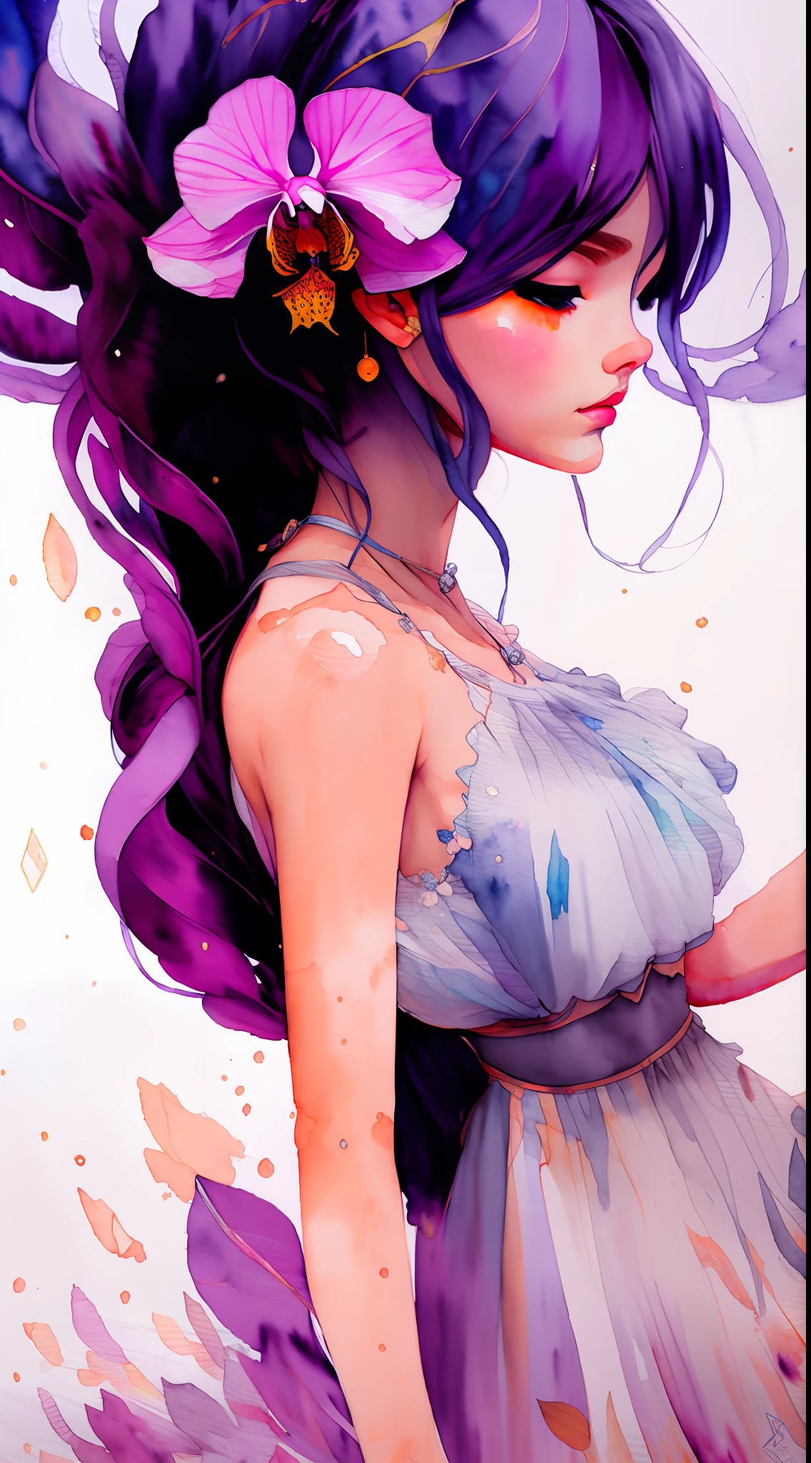 wtrcolor style, (orchid) digital art, official art, drifting in the wind, masterpiece, beautiful, ((watercolor)), paint splash, intricate details. Very detailed, [dripping:0.7], trends on Artstation, Rachel Walker