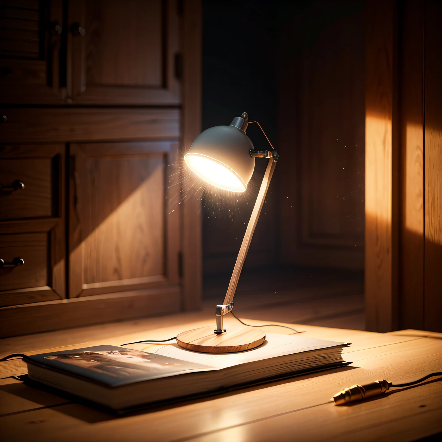 There is a table lamp on the wooden table, highly detailed soft lighting, photorealistic lighting, with photorealistic lighting, surreal lighting, detailed lighting HD 4k, soft lighting 8k resolution, soft lighting 8k resolution, realistic soft lighting, surreal lighting, surreal lighting, detailed lighting, 8 k. Volumetric lighting. --auto