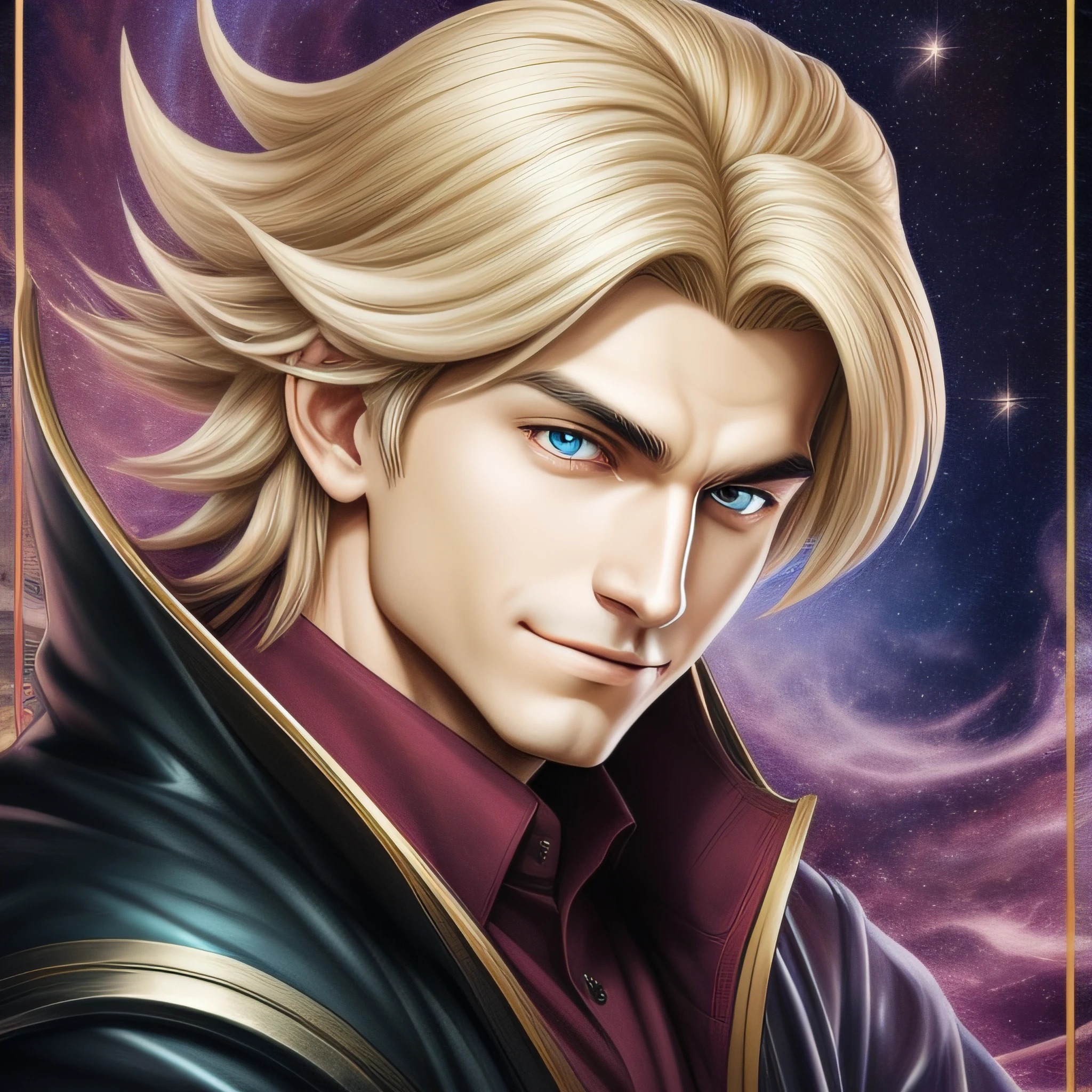 Archangel Gabriel, as depicted in the Supernatural series, possesses distinctive appearance traits that merge seamlessly with the captivating aesthetics of Yugioh artwork style. Gabriel's visage, reflecting the Supernatural interpretation, bears an air of mischievous charm. His eyes, shimmering with an enigmatic twinkle, hint at his playful and whimsical nature. They are alive with a vibrant energy, mirroring his irreverent personality and the depth of his celestial knowledge. The archangel's face is framed by a tousled cascade of golden locks, each strand falling with an effortless grace. His hair, reminiscent of a sunlit halo, radiates a warm, inviting glow, embodying his celestial heritage. Gabriel's smile, mischievous and impish, reveals a row of pearly white teeth. It carries a touch of slyness, hinting at his inclination for trickery and deception, which he employs to serve a greater purpose. His countenance bears a youthful vitality, contrasting with the weight of his celestial wisdom. This blend of boyish charm and ancient knowledge creates an intriguing juxtaposition, capturing the essence of Gabriel's character in both the Supernatural series and the Yugioh artwork style. Within the vibrant Yugioh aesthetic, Gabriel's appearance seamlessly integrates with the captivating design elements of the cards. The nuances of his expression, from his mischievous gaze to his charismatic smile, merge harmoniously with the art style, breathing life into his celestial presence.