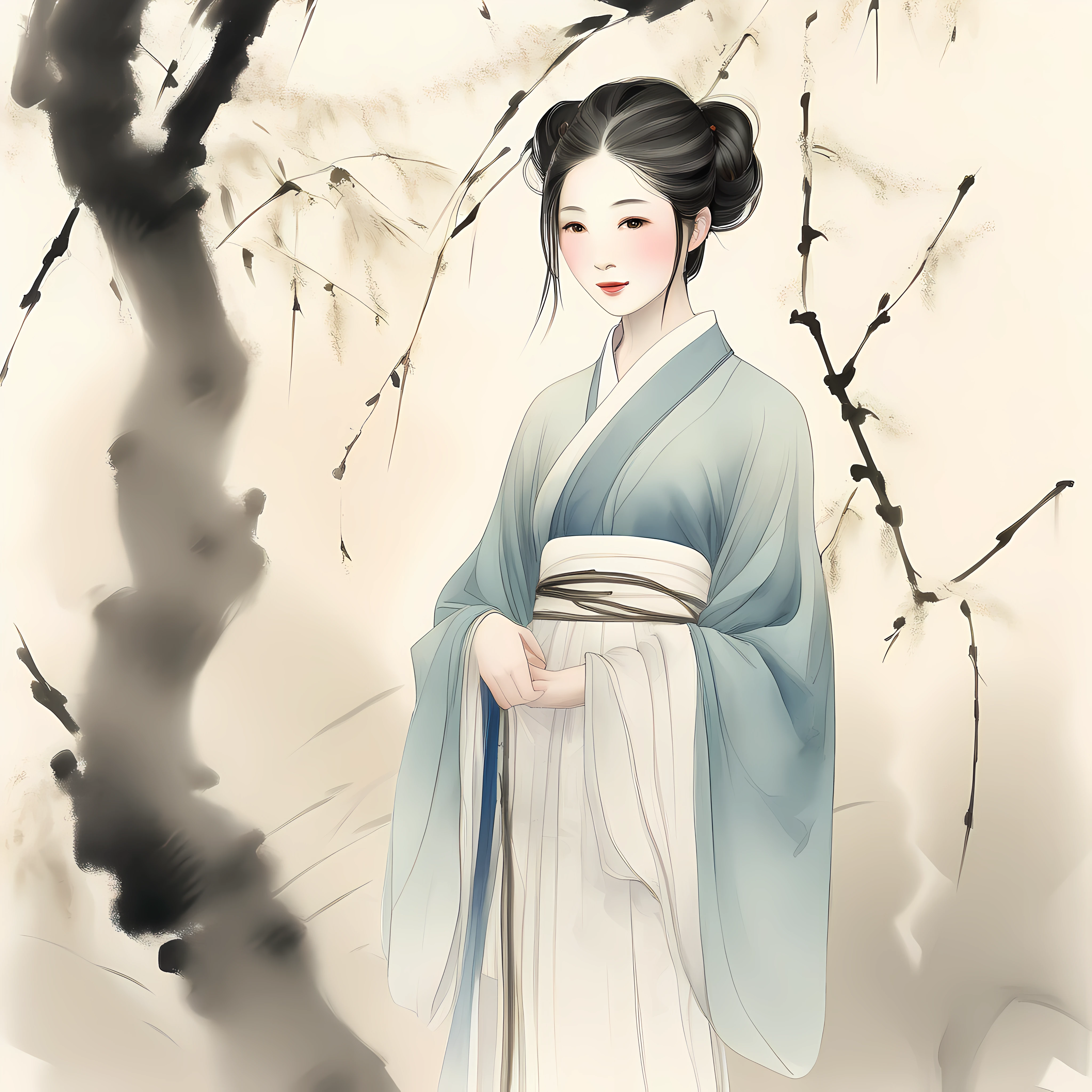 shukezouma, negative space, , shuimobysim , portrait of a woman standing , willow branches, (masterpiece, best quality:1.2), traditional chinese ink painting, modelshoot style, peaceful, (smile), looking at viewer, wearing long hanfu, hanfu, song, willow tree in background, wuchangshuo,