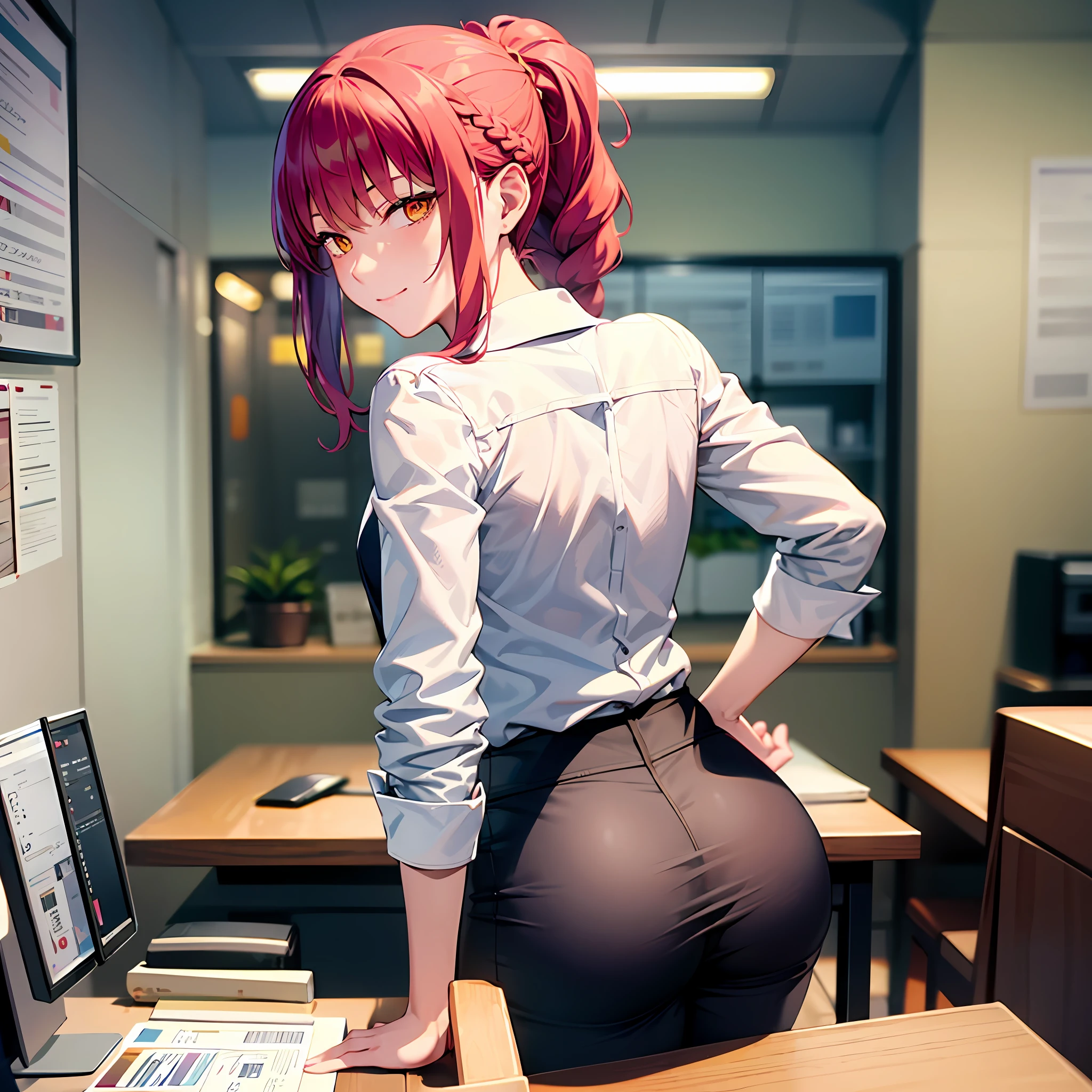 (masterpiece, best quality:1.2), from behind, solo, 1girl, makima, slight pervert smile, closed mouth, looking back, braided ponytail, ringed eyes, white shirt, black pants, bent forward, hands on desk, bent on desk, pervert, ultra detailed, beautiful body, best quality, red hair, office pants, necktie, chainsaw man anime, sexy, full body, nice booty, formal, suit, collared_shirt, pants, office