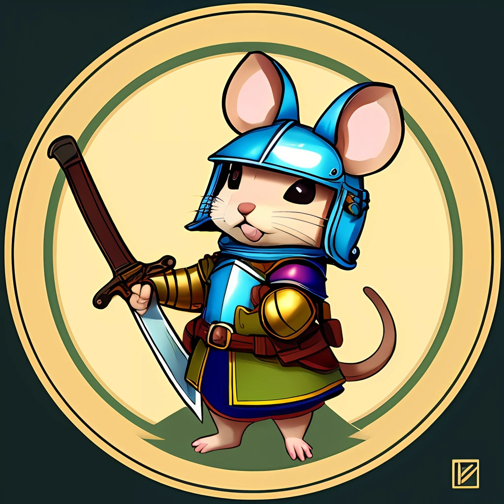 Cartoon image of mouse in armor, maple mouse, hamster with rifle, anthropomorphic mouse, sage, high quality character design, chibi mouse wizard, rabbit with helmet and sword, ferret warrior, official character illustration, cute character, mouse guard, golden cat armor knight, shield anime, minimalism, first-person perspective, super detail, high quality