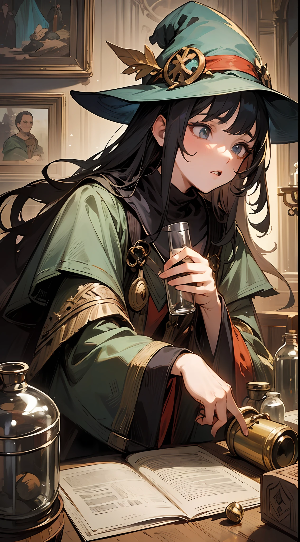 Top quality, detail, 8K, 4K, high definition, detailed, black and long-haired witch, upper body in the picture, holding a flask with medicine, dimly lit room of the Adventurer's Guild, ((several girls)), characters of various colors, (fantasy world), winter night,