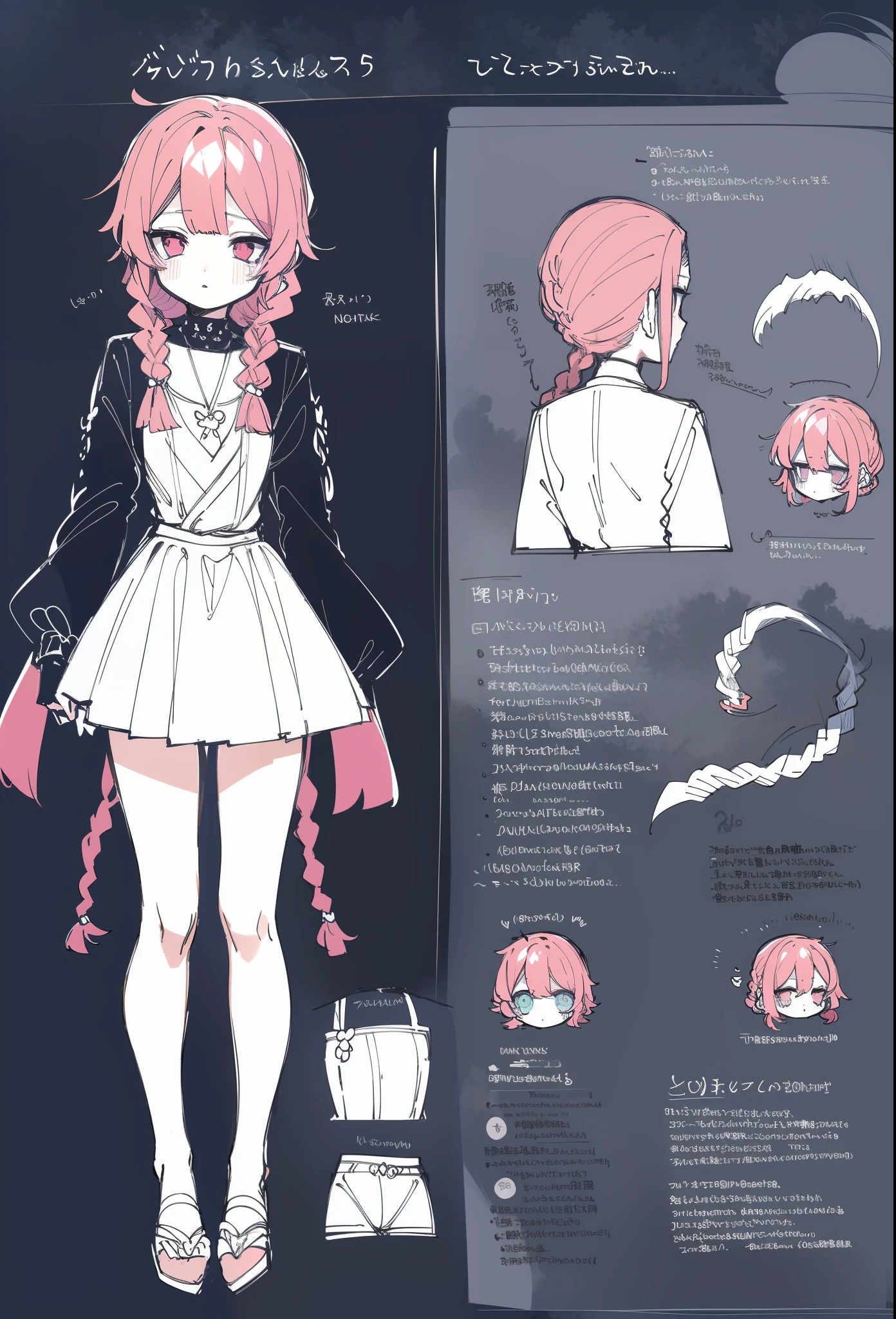 Pink hair, golden eyes, a slender low braid, braid, one-piece swimsuit, white tights, black hands with black claws, a person, the same character, androgynous, (cute art style, anime style illustration, by Kamagurka, in pixiv, pixiv style, pixiv, in anime style, anime art style, 2d anime style, anime moe art style), Full body commission, (character design sheet, same character, front, side, back)