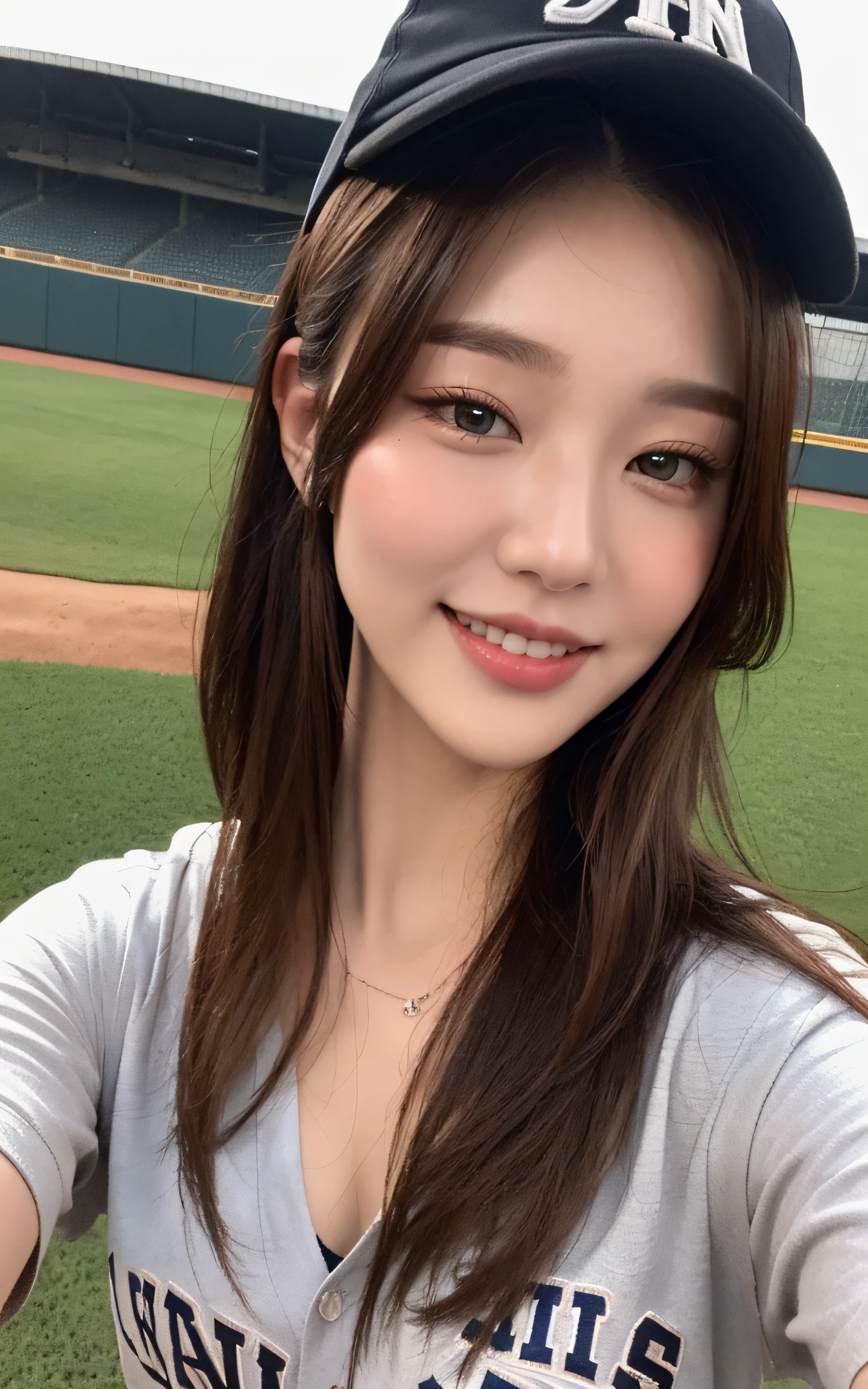(Top quality, 8k, masterpiece: 1.3), beauty with perfect figure: 1.4, dark brown hair, wearing a baseball cap, on the baseball field, very delicate face and skin, delicate eyes, big, smile