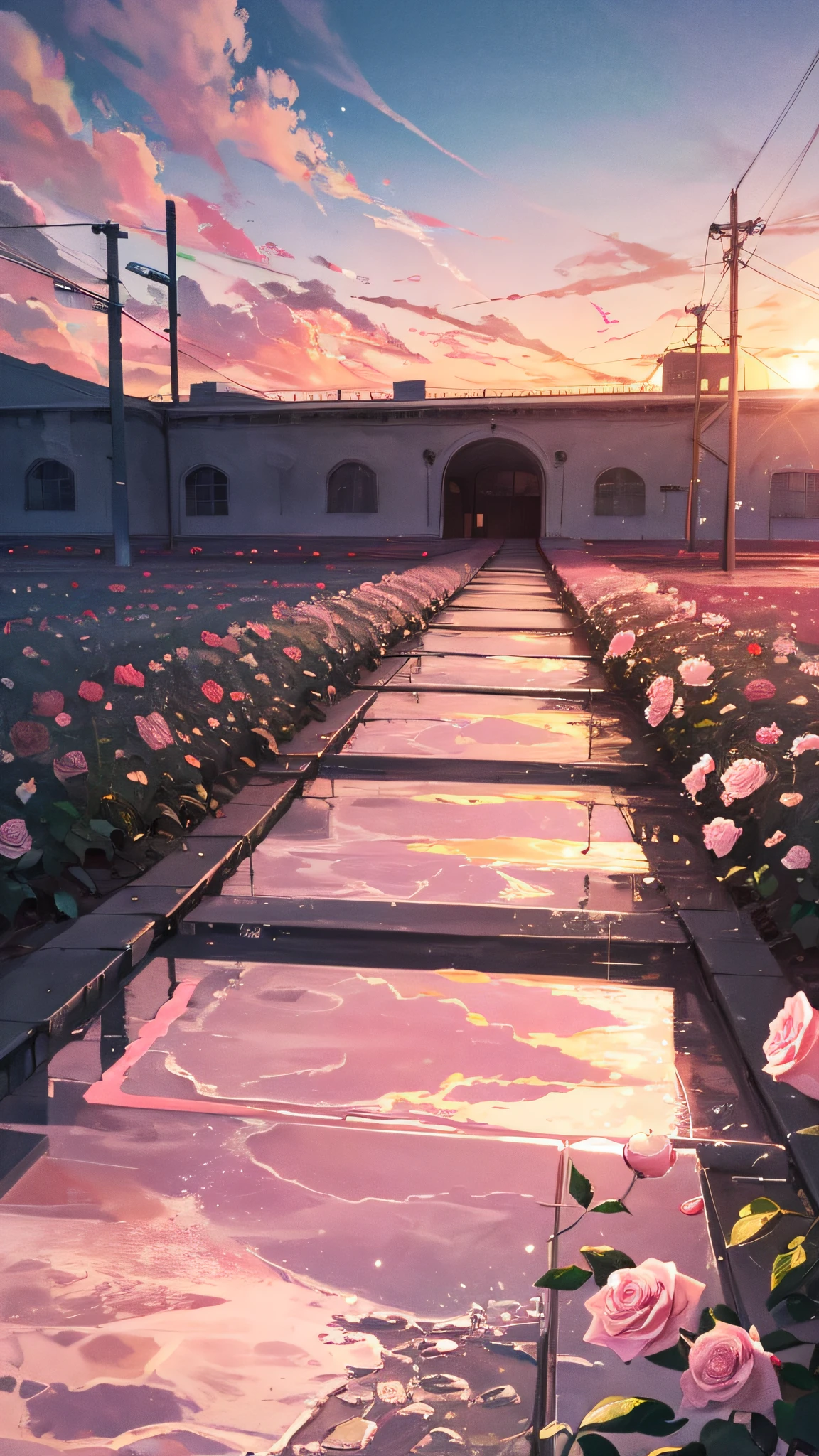 Summer, desert, pink clouds, a land overgrown with roses, high definition