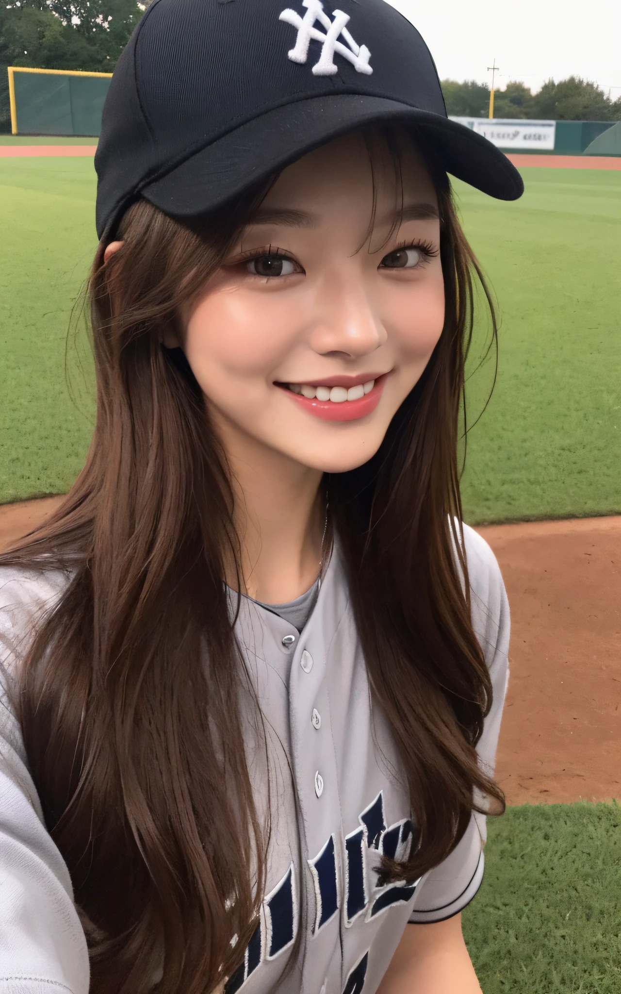 (Top quality, 8k, masterpiece: 1.3), beauty with perfect figure: 1.4, dark brown hair, wearing a baseball cap, on the baseball field, very delicate face and skin, delicate eyes, big, smile