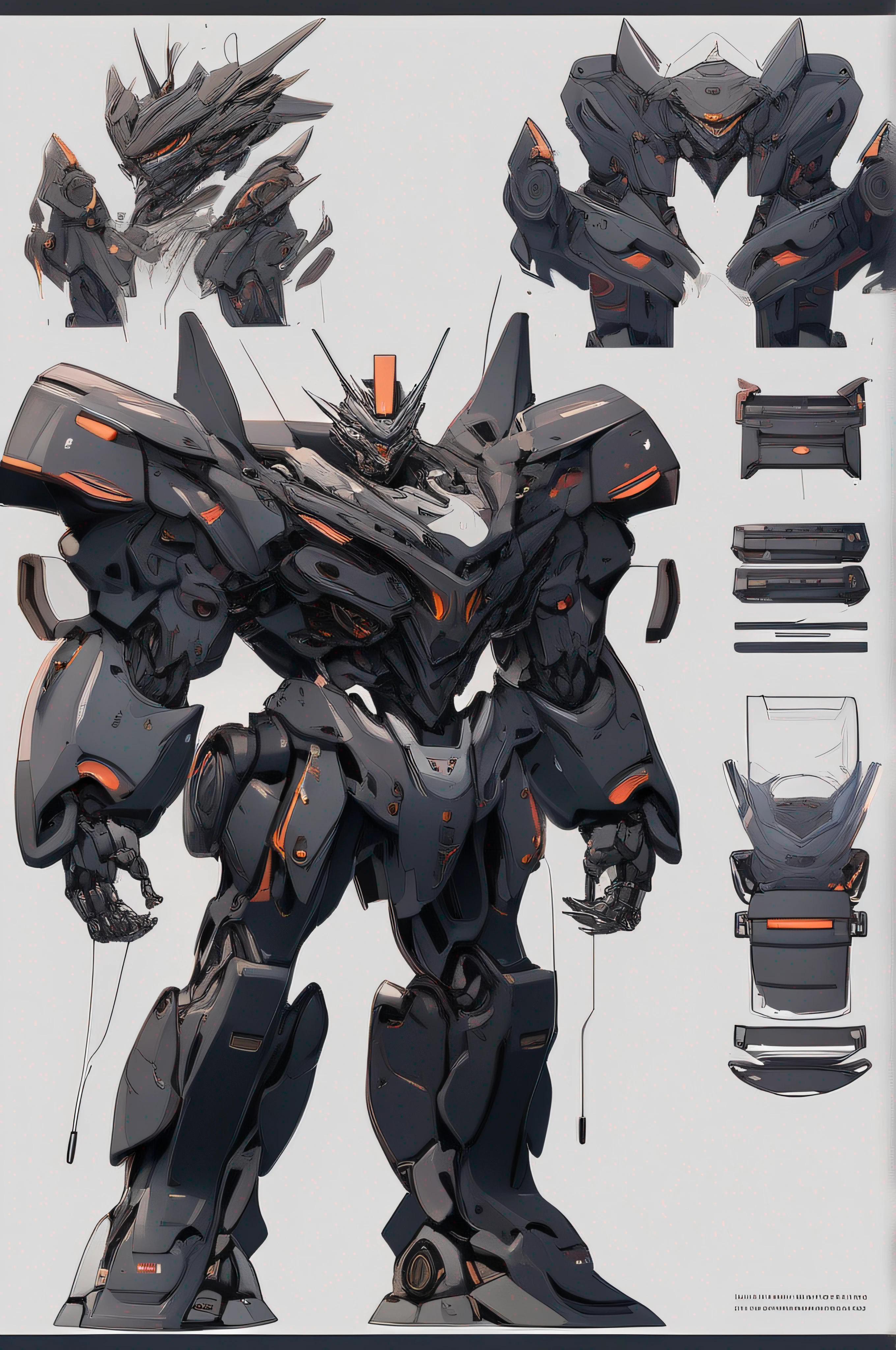 A robot concept design, intricate mech details, bionic robot, left hand shield, Gundam style, frontal perspective, complete composition, symmetrical structure, 3D, CG, perfect body light, behance, 3D rendered mechanics, cyberpunk, predominantly black, silver auxiliary color scheme, dark plain background. In response to large-scale hostilities.