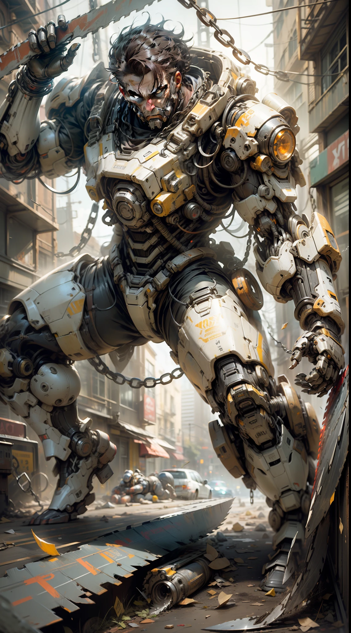 Dark_Fantasy,Cyberpunk,(chain saw,chain saw man,Red:1.1),1man,Mechanical marvel,Robotic presence,Cybernetic guardian, wearing a worn-out mech suit, intricate, (steel metal [rusty]), elegant, clear focus, shot by greg rutkowski, soft lighting, vibrant colors, masterpiece, ((street)), cowboy shot, dynamic pose,