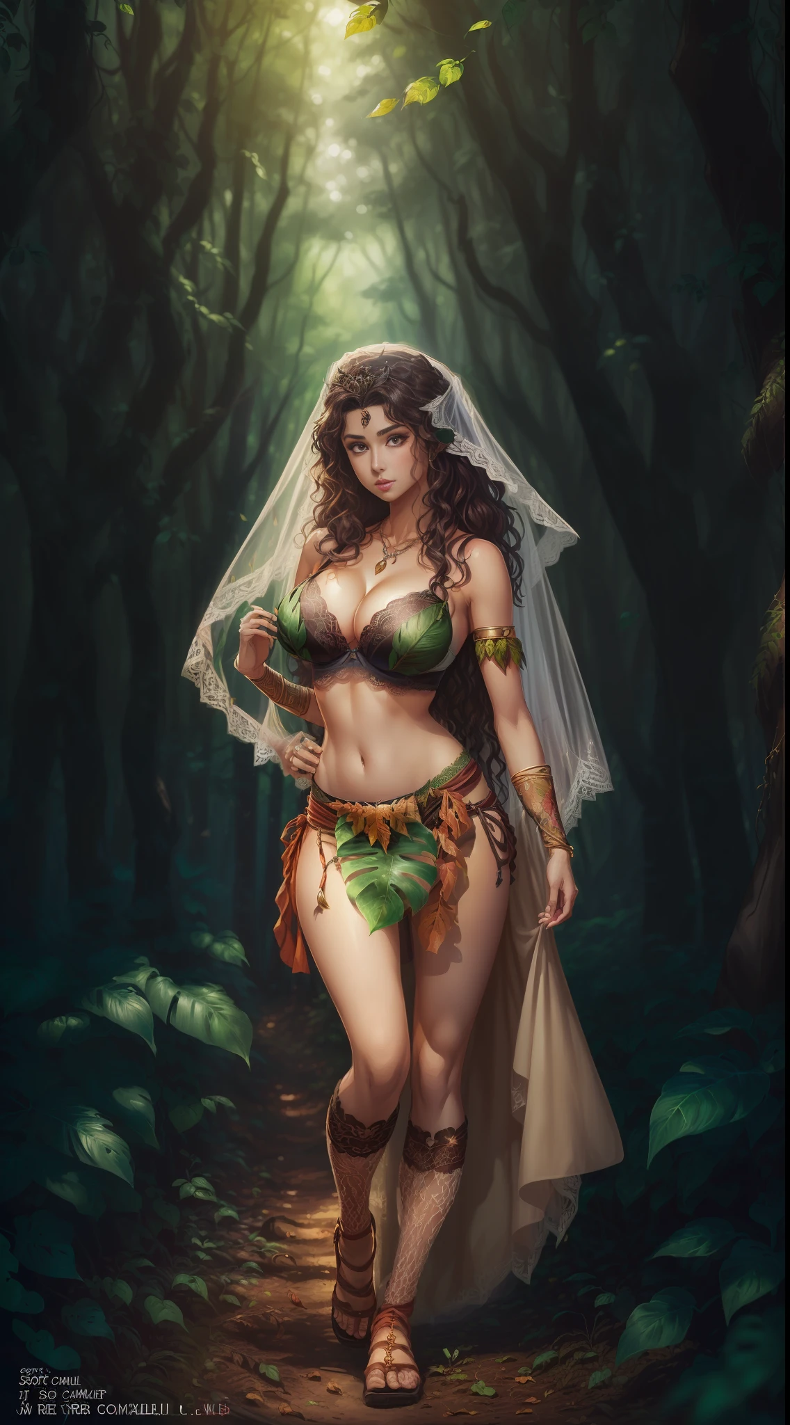 ((full body)), (((head to toe))), (((1 female, solo))), beautiful blushing slender Queen of Forest (((with wavy hair))), small bust, narrow waist, thin legs, (((against forest background))), (((leaf lace brassiere, loincloth))), emerald necklace, leaf tiara, veil, (((American comic style with dark contours))), (((art by J. Scott Campbell)))