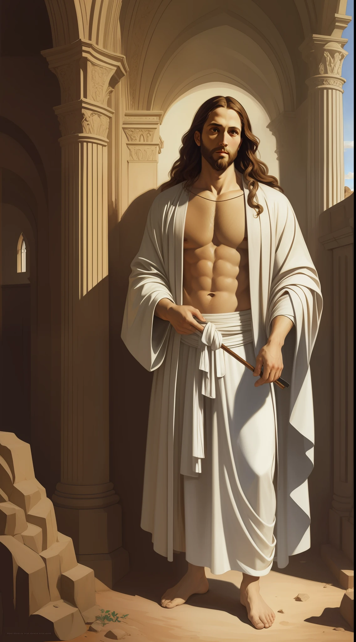 A beautiful ultra-thin realistic portrait of Jesus, the prophet, a 33-year-old Hebrew man, long brown hair, long brown beard, dressed in white robe, in front view, full body, biblical, realistic, in the desert intricate details, by Abbott Fuller Graves, Bartolome Esteban Murillo, JC Leyendecker, Craig Mullins, Peter Paul Rubens, (Caravaggio), Trend in Artstation,  8K, Concept Art, Photorealist, Realistic, Illustration, Oil painting, Surrealism, Hyperrealistic, Brushes, Digital art, style, watercolor