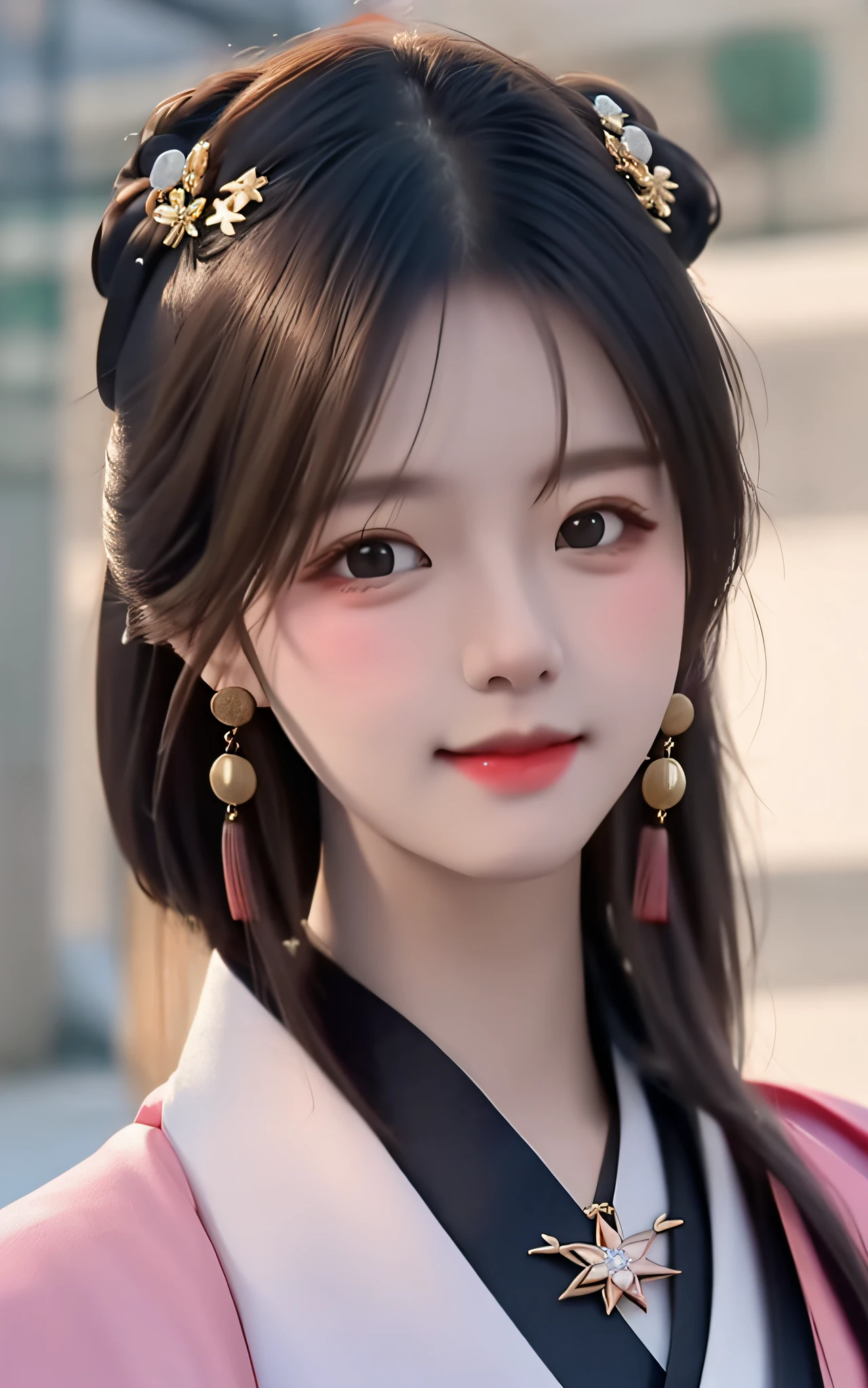 best quality, masterpiece, highres, 1girl,blush,(seductive smile:0.8),star-shaped pupils,china hanfu,hair ornament,necklace, jewelry,Beautiful face,upon_body, tyndall effect,photorealistic, dark studio, rim lighting, two tone lighting,(high detailed skin:1.2), 8k uhd, dslr, soft lighting, high quality, volumetric lighting, candid, Photograph, high resolution, 4k, 8k, Bokeh