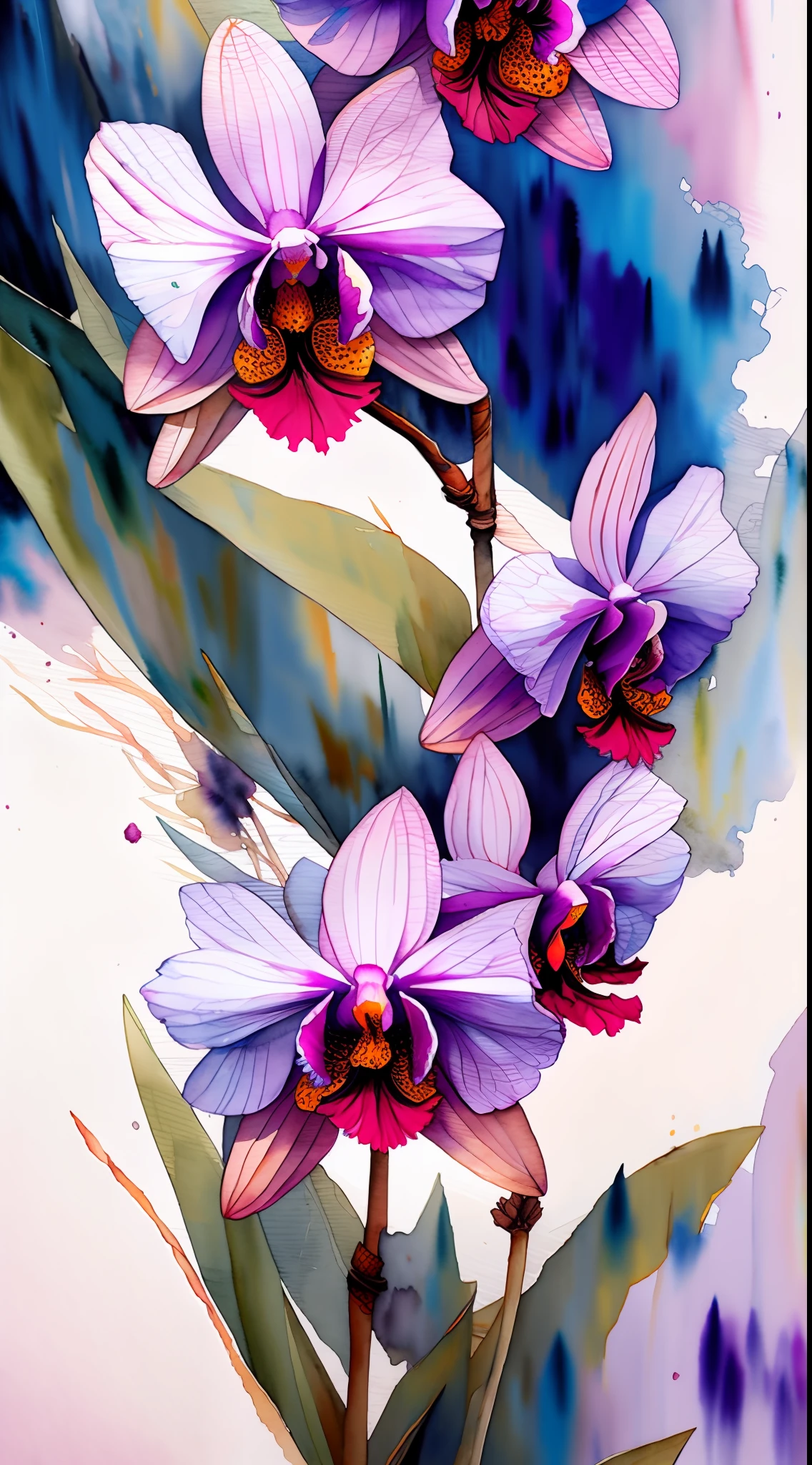wtrcolor style, (orchid) digital art, official art, drifting in the wind, masterpiece, beautiful, ((watercolor)), paint splash, intricate details. Very detailed, [dripping:0.7], trends on Artstation, Rachel Walker