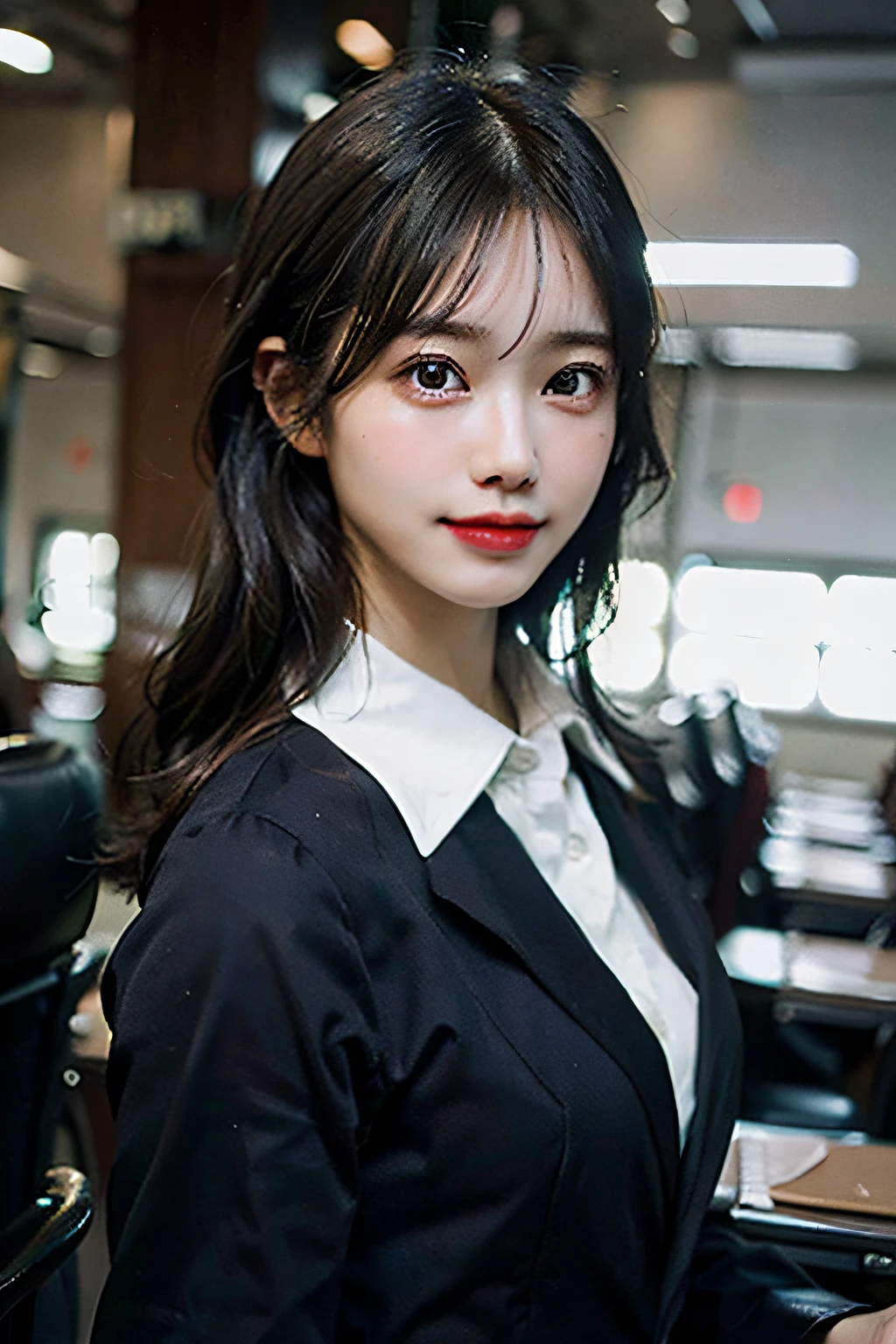 1girl, beautiful retro colors, instagram (realistic, high resolution: 1.4), (puffy eyes)), looking at the viewer, full body (8k, RAW photo, best quality, masterpiece: 1.2), (realistic, photorealistic photo: 1.37), (sharp focus: 1.2), professional lighting, photon mapping, radiosity, physically based rendering, (pale skin: 1.2), looking at the viewer, (medium hair: 1.5), portrait, purple eyes, (black hair:1.1), bangs, (simple background: 1.4), solo, upper body, realistic, (masterpiece: 1.4), (highest quality: 1.4), (brightened), mage sister, smile (thin, shut up, shy: 1.3), (standing, black flight attendant uniform, necromancer: 1.1), medium bust, sexy pose,