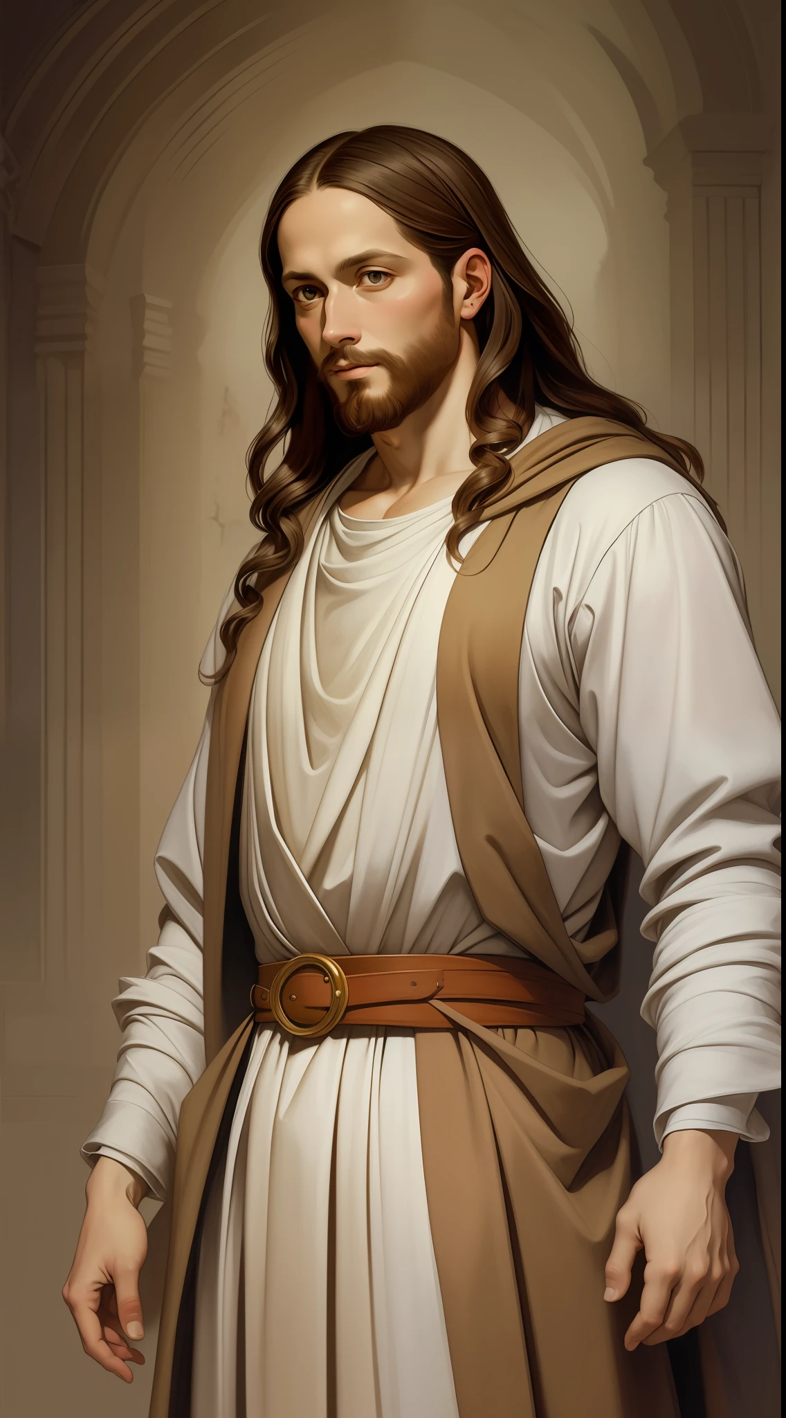 A beautiful ultra-thin realistic portrait of Jesus, the prophet, a 33-year-old Hebrew man, long brown hair, long brown beard, dressed in white robe, in front view, full body, biblical, realistic, in the desert intricate details, by Abbott Fuller Graves, Bartolome Esteban Murillo, JC Leyendecker, Craig Mullins, Peter Paul Rubens, (Caravaggio), Trend in Artstation,  8K, Concept Art, Photorealist, Realistic, Illustration, Oil painting, Surrealism, Hyperrealistic, Brushes, Digital art, style, watercolor