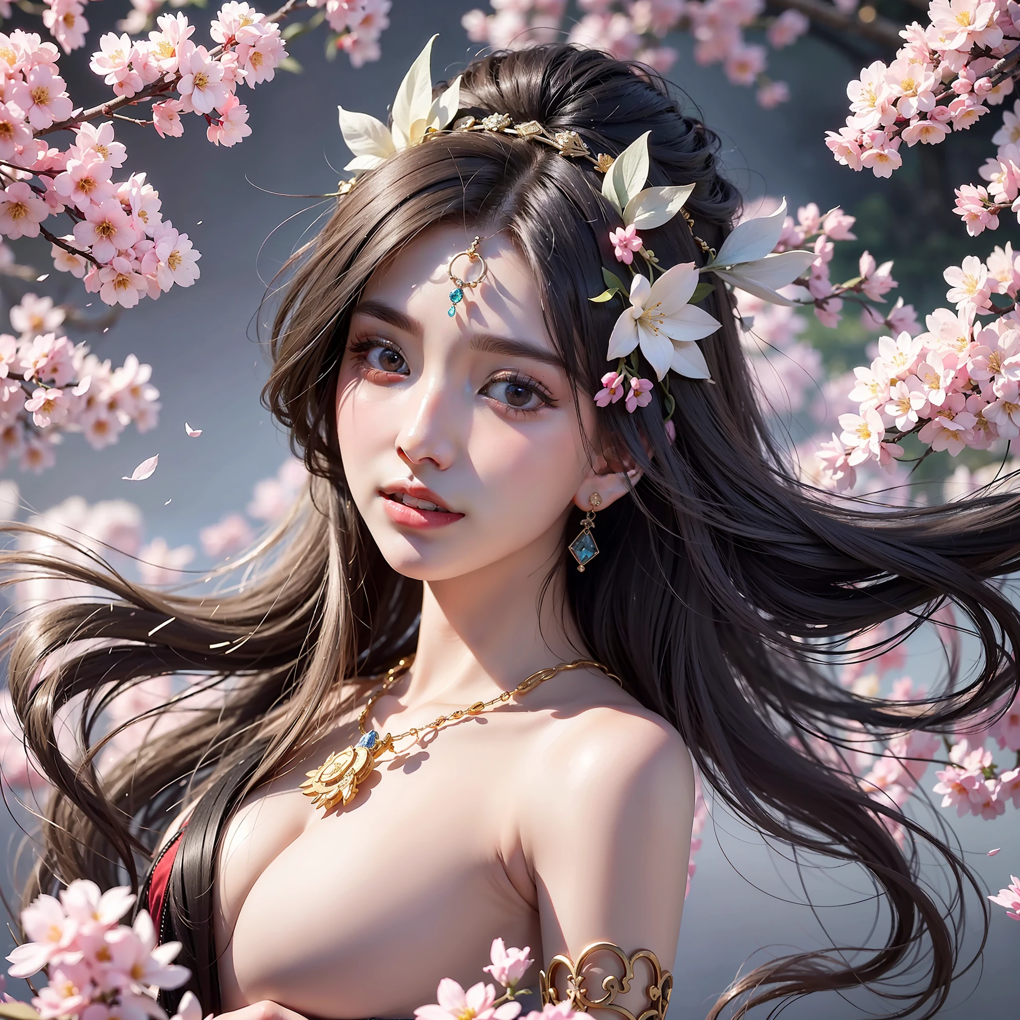 Best quality, masterpiece, super high resolution full of picture, single, flying, Tang Huazhang, Dunhuang flying, floating in the air With strong Chinese national characteristics, they are heavenly beings who fly the sky of Buddha Country, playing piano and dancing, spraying incense and scattering flowers, bringing happiness, pink color matching, long hair, black hair, black pink bow, black and red color matching clothing, complex background, side, smile, flowing clothes, Chinese element totem behind, perfect makeup, beautiful, generous, love eyes, 8k picture quality, cyberpunk, technology combined with national essence, Character backlight, edge light, movement changes, hairstyle flowing, hairstyle scattered, gold and silver headdress, sense of falling, number of fingers refined, 7 avatar drawing, face close-up, fairy fluttering, flowing luminous earrings, flowing glowing necklace, wearing a bracelet, the most beautiful girl in man, delicate close-up of her face, cherry blossoms, cherry blossoms, transparent tulle