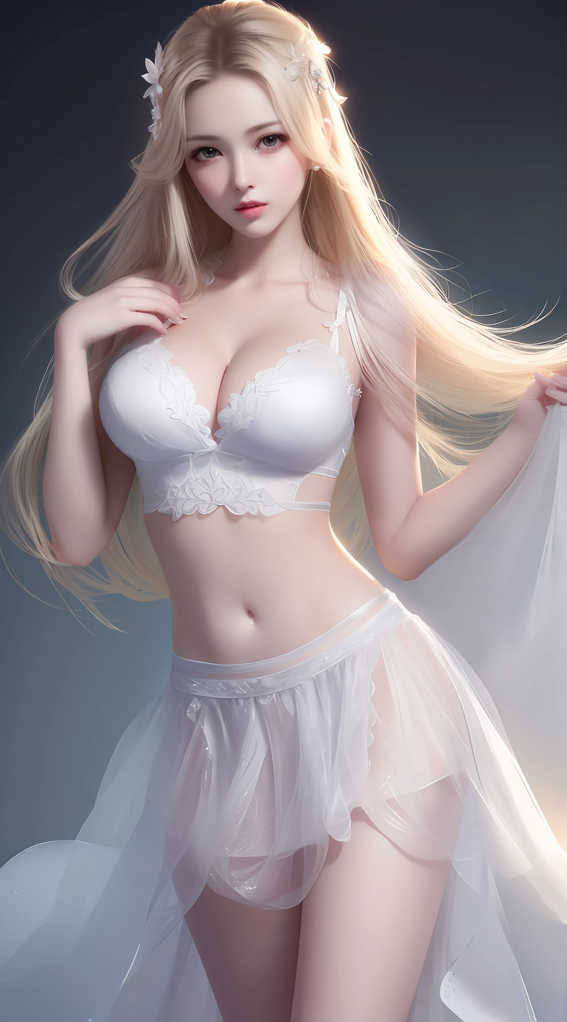 (8k, RAW Photos: 1.2), Best Quality, Illustration, Beautiful Painting, 1 Woman, Beautiful Face, Delicate Skin, gorgeous hair, Hair Accessories, High Detail, Accent, Color Ink Painting, Splash Color, (((colorful)), lycoris, Sketch, Denoising, Splashing ink, Dramatic, Cinematic, White background, Super High Resolution, Best Shadow, RAW, (HDR) (wallpaper) (Cinematic lighting) (sharp focus), Masterpiece, (Very detailed CG unified 8k wallpaper), long wavy platinum blond hair, very large breasts, (lifting transparent white underskirt:1.3), revealing transparent white lace lingerie, lifting skirt high
