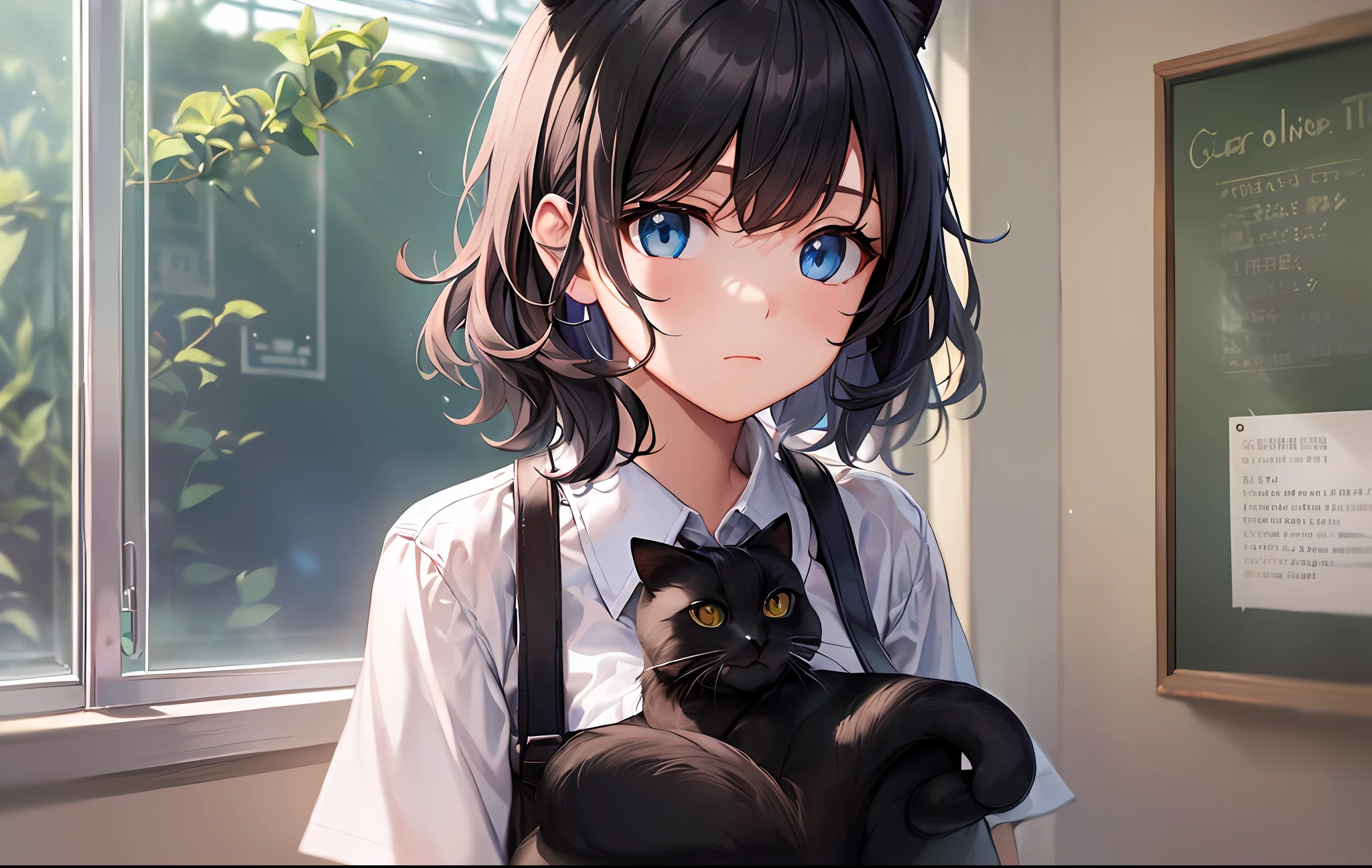 ((highest quality))), ((masterpiece)), ((super detail)), (illustration), (fine light), (extremely delicate and beautiful), (solo)))), (beautiful girl)))((best quality, high_resolution, distinct_image))),(black hair), (black cat ears), (ahoge), (absurdly short hair), (wavy hair), (blue eyes),classroom, uniform