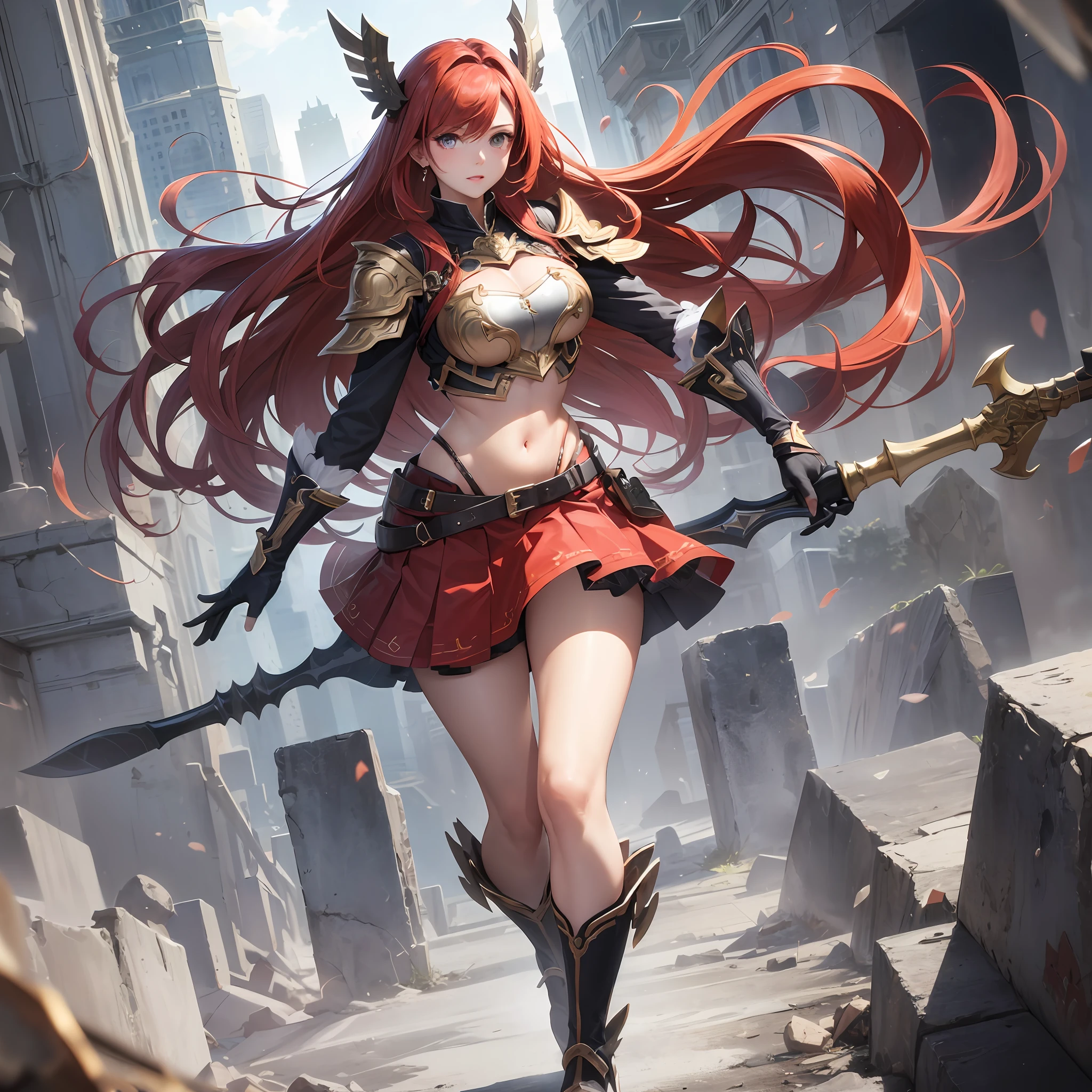 Masterpiece, Top Quality, Very Beautiful Girl, Beautiful Face and Eyes, Beautiful Hair, Solo, 1 Woman, Full Body Drawing, Dynamic Angle, (Breastplate: 2), Skirt, Gloves, Red Hair, Long Hair, Navel Out, Huge Battle Axe, (Huge Chest: 1.3) Tall